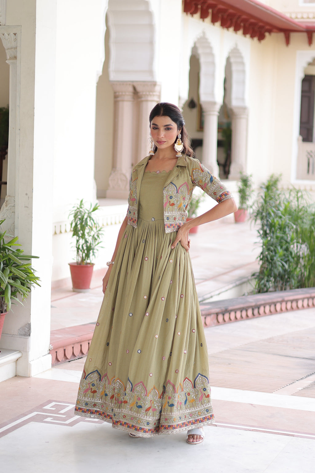 Tivya pista green Vichitra silk gown with zari sequins thread embroidery and koti