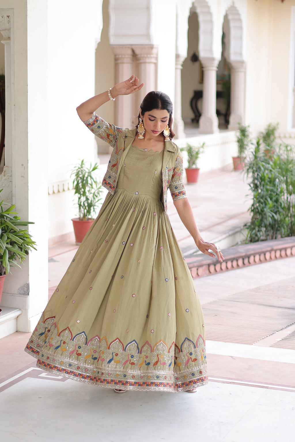 Tivya pista green Vichitra silk gown with zari sequins thread embroidery and koti