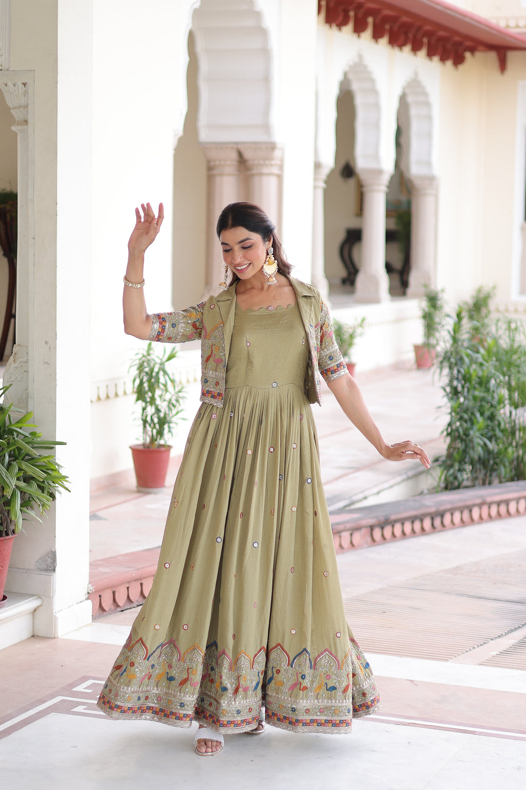 Tivya pista green Vichitra silk gown with zari sequins thread embroidery and koti