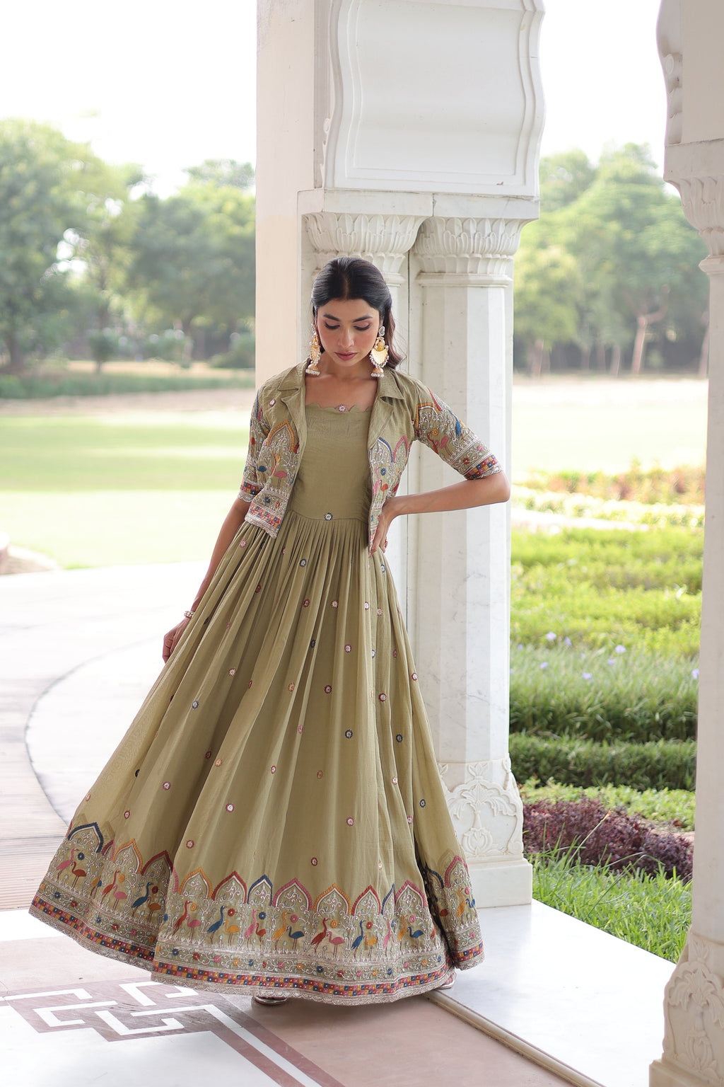 Tivya pista green Vichitra silk gown with zari sequins thread embroidery and koti