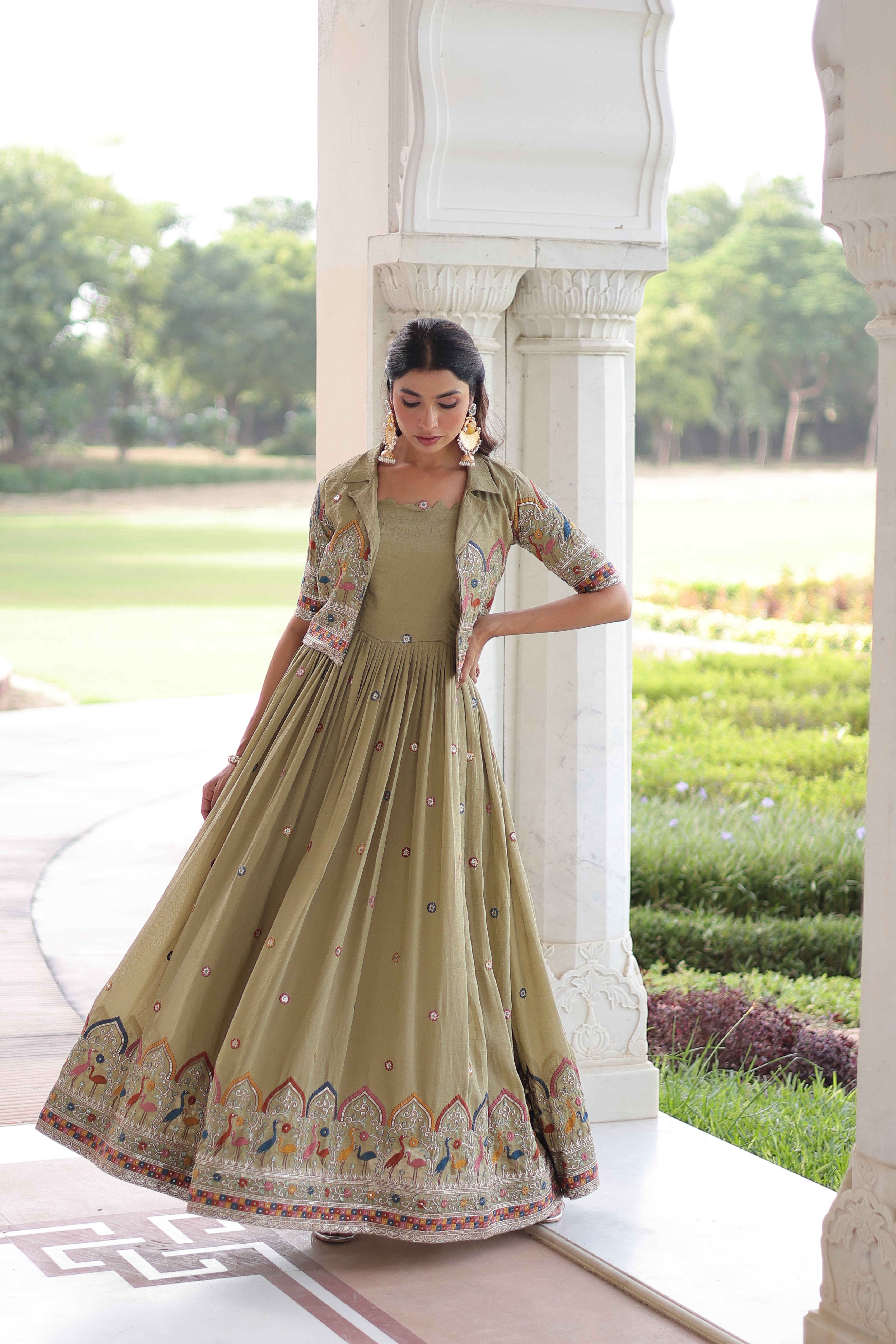 Tivya pista green Vichitra silk gown with zari sequins thread embroidery and koti