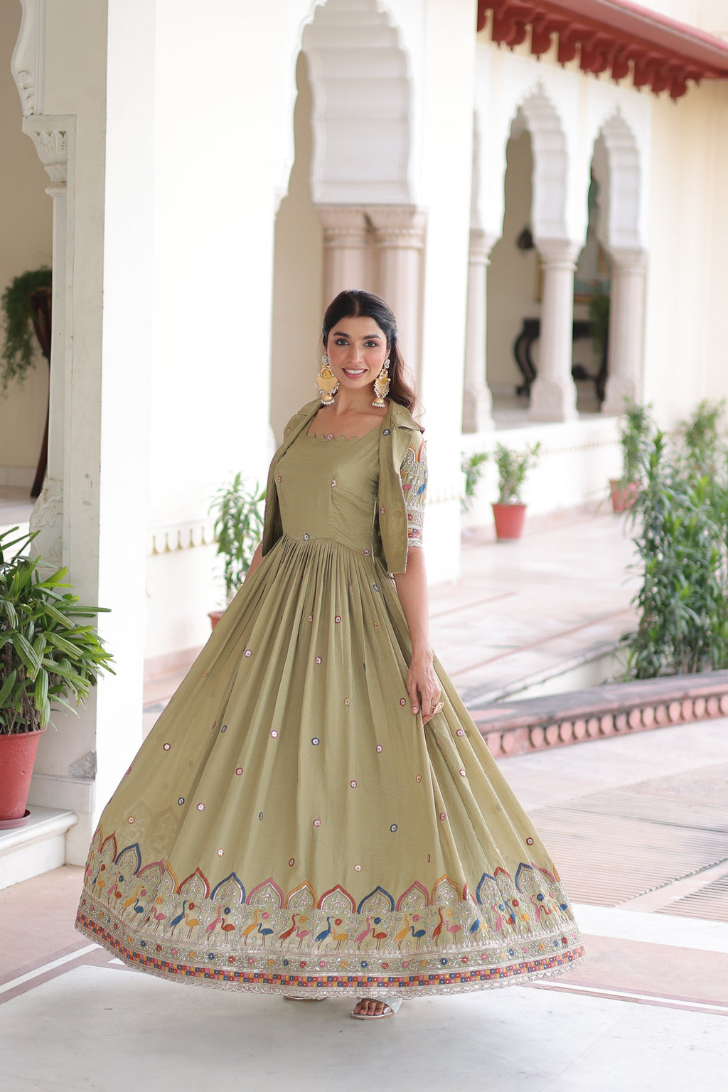 Tivya pista green Vichitra silk gown with zari sequins thread embroidery and koti