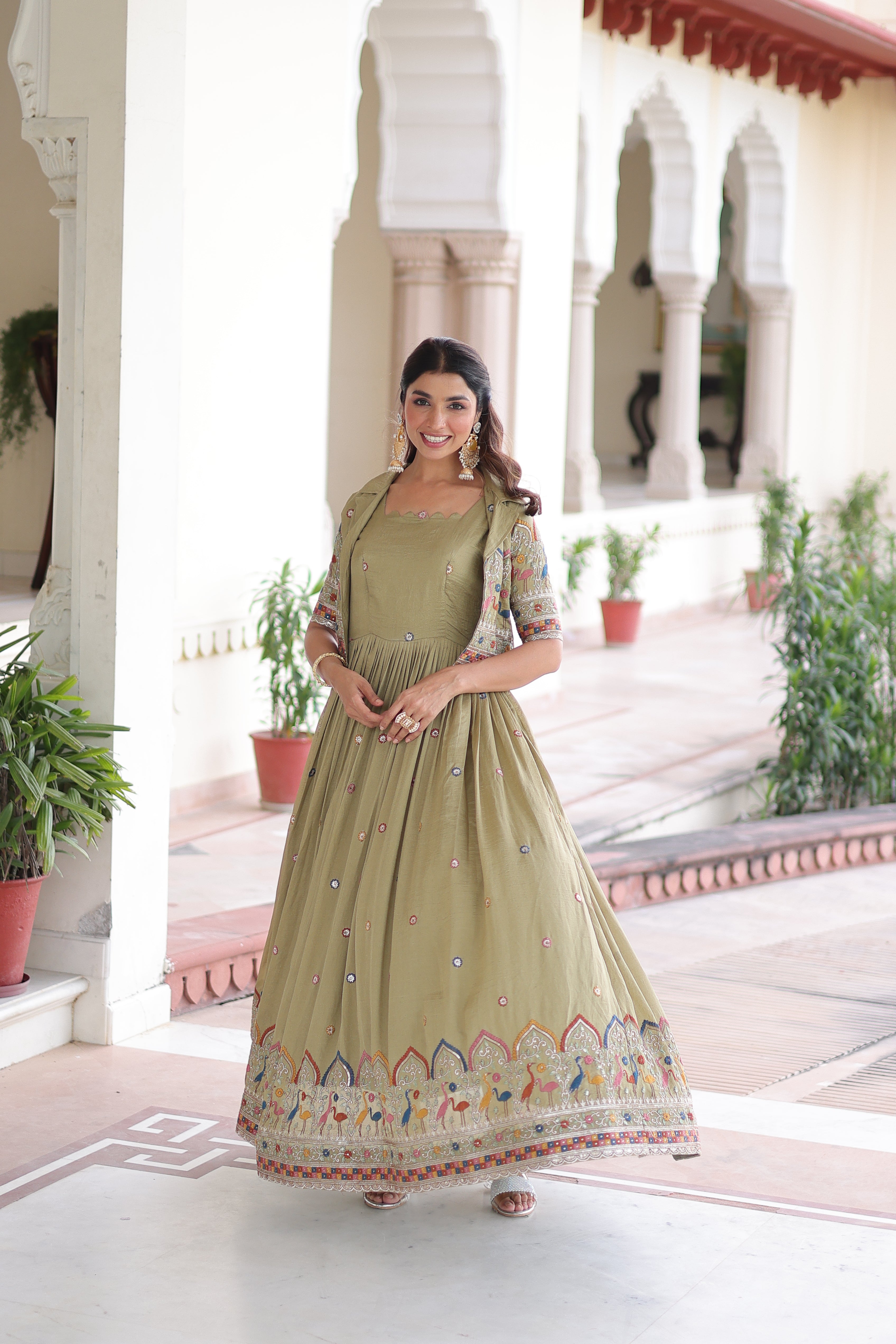 Tivya pista green Vichitra silk gown with zari sequins thread embroidery and koti