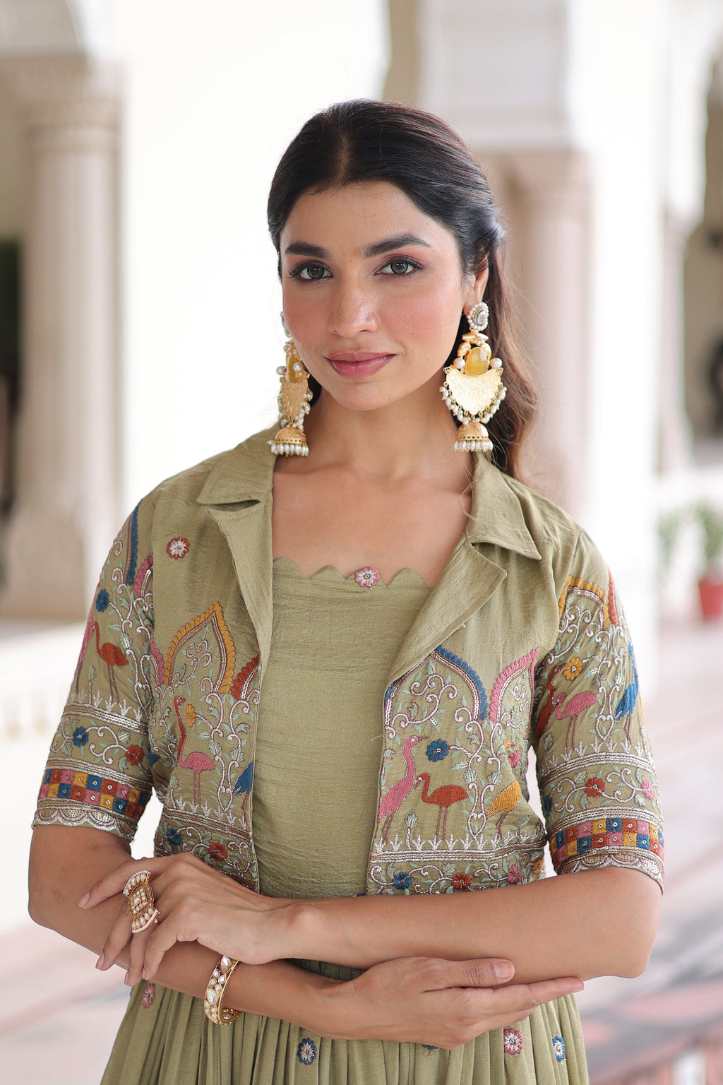 Tivya pista green Vichitra silk gown with zari sequins thread embroidery and koti
