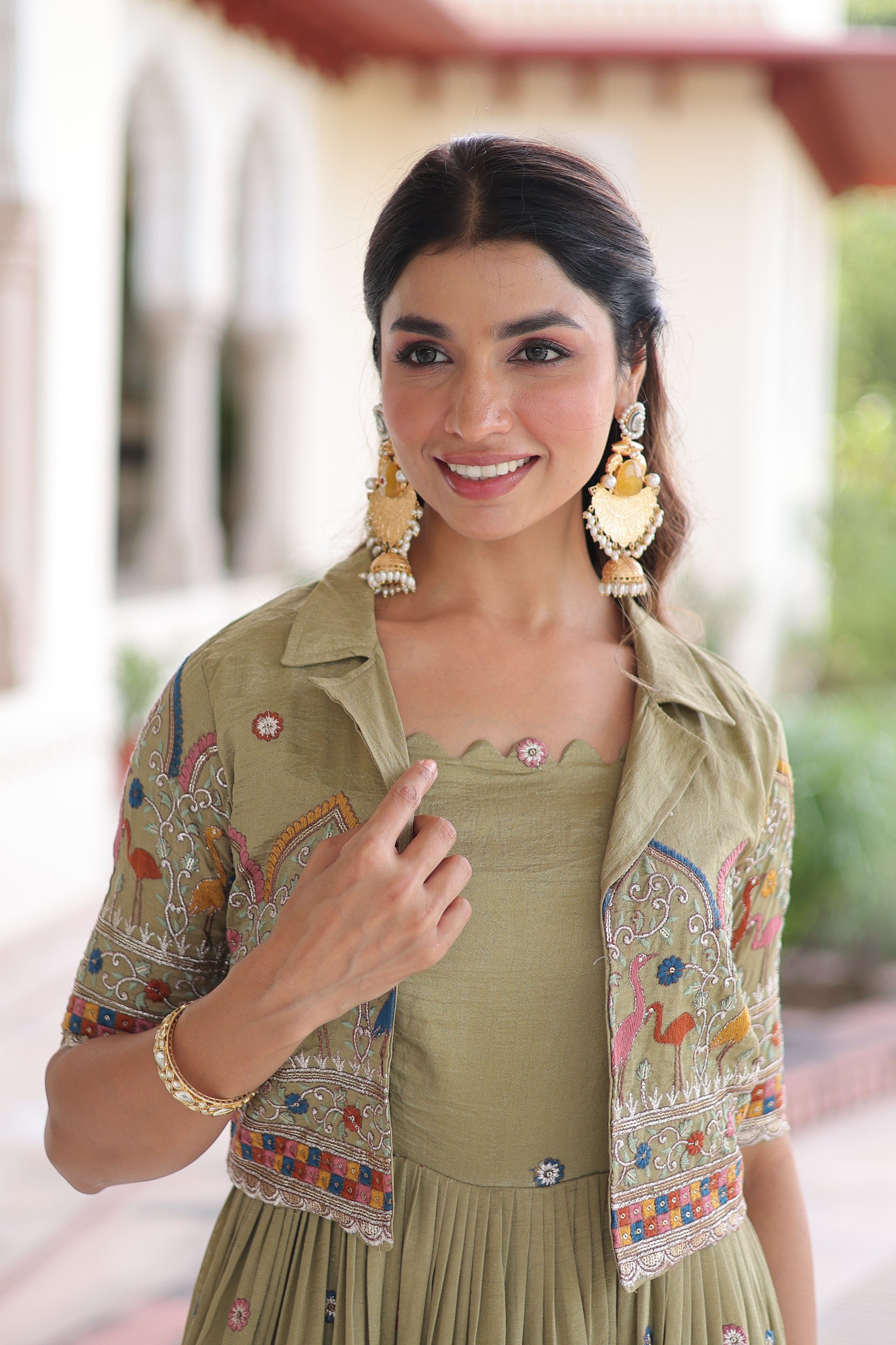 Tivya pista green Vichitra silk gown with zari sequins thread embroidery and koti