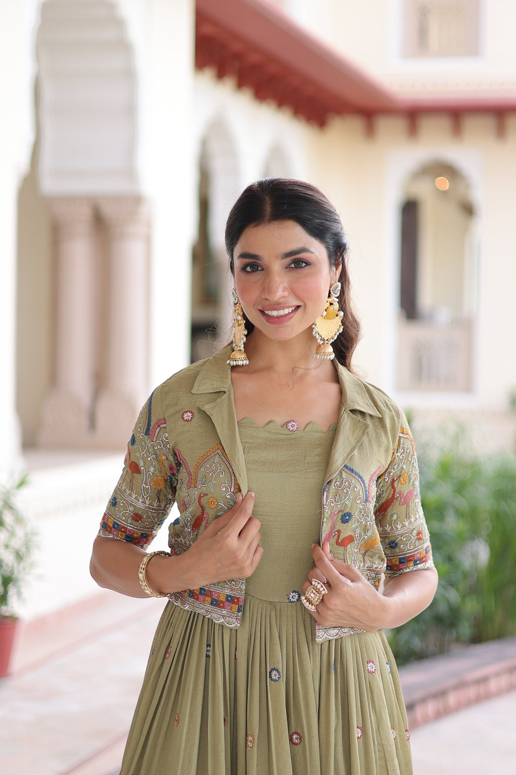 Tivya pista green Vichitra silk gown with zari sequins thread embroidery and koti