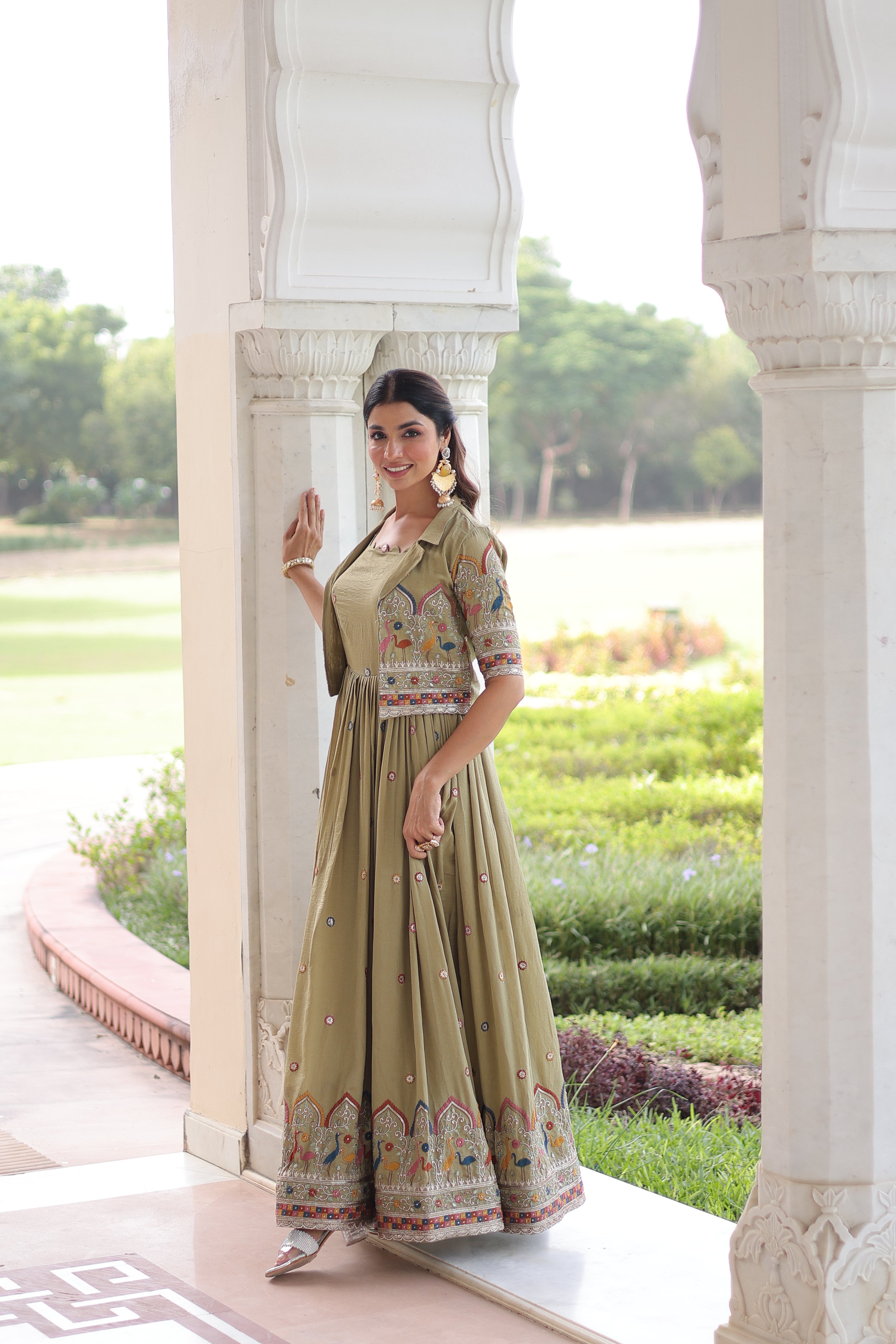 Tivya pista green Vichitra silk gown with zari sequins thread embroidery and koti