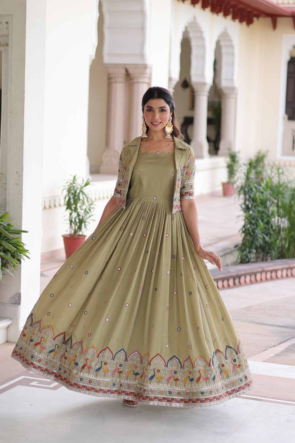 Tivya pista green Vichitra silk gown with zari sequins thread embroidery and koti
