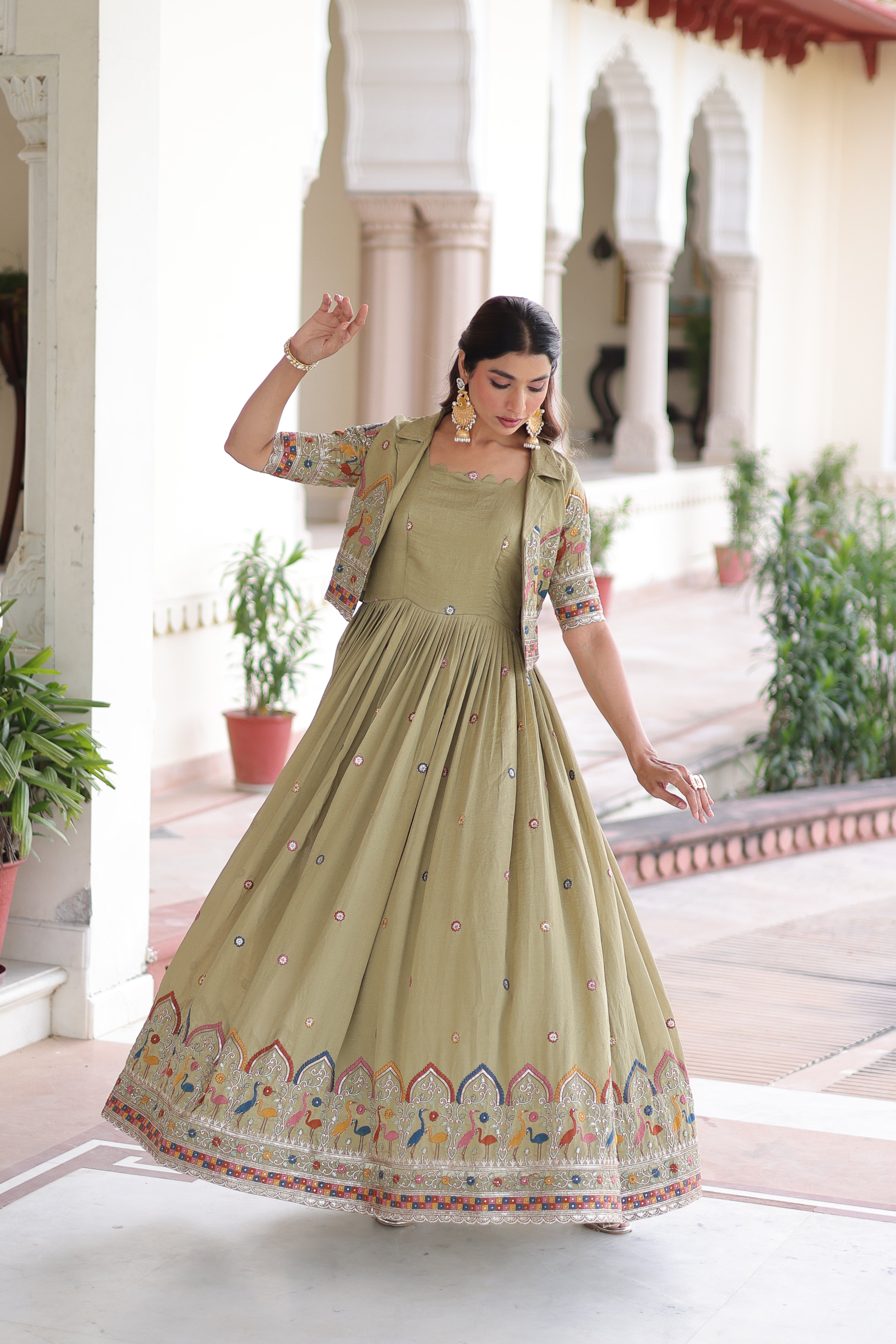 Tivya pista green Vichitra silk gown with zari sequins thread embroidery and koti
