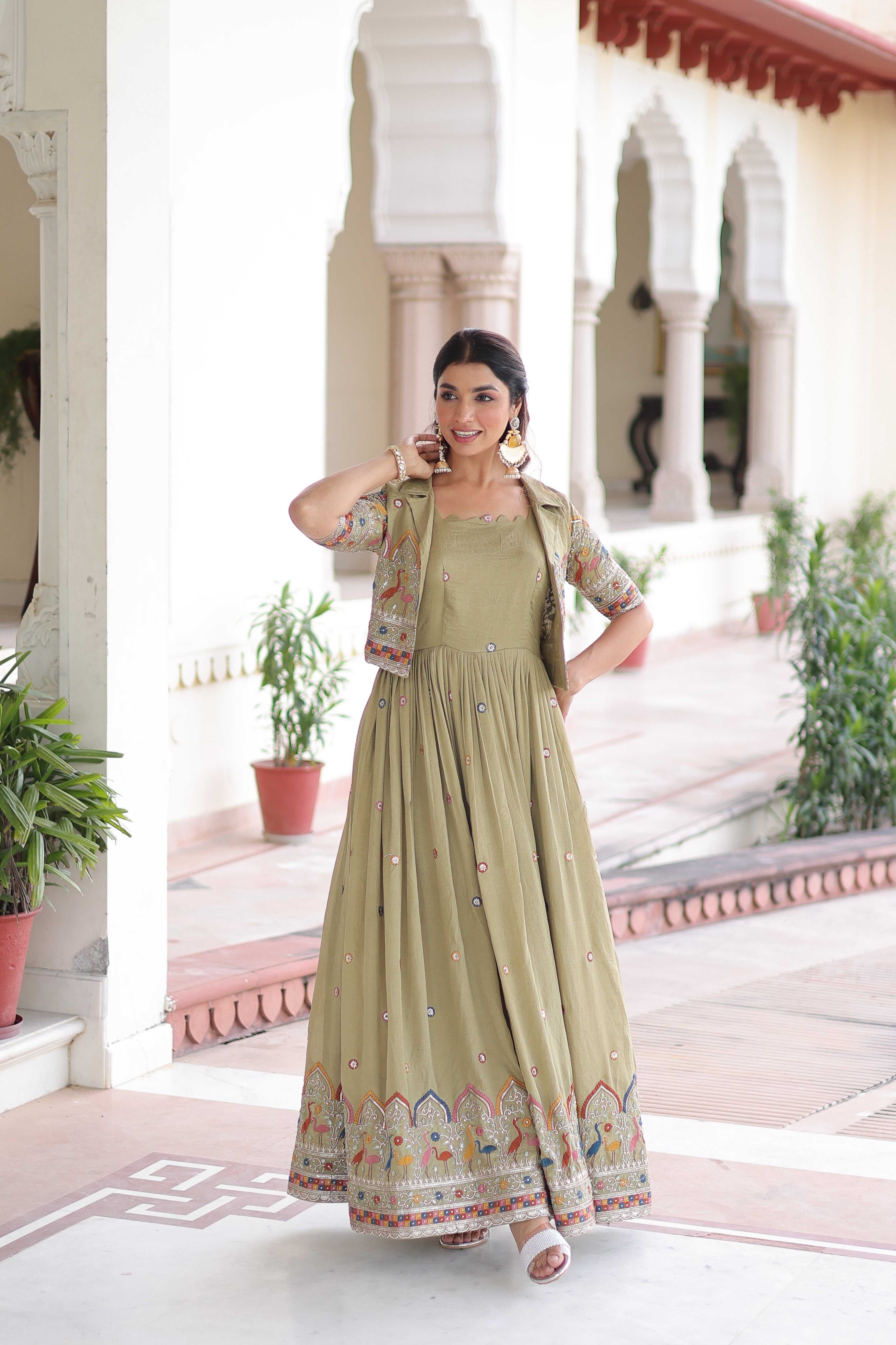 Tivya pista green Vichitra silk gown with zari sequins thread embroidery and koti