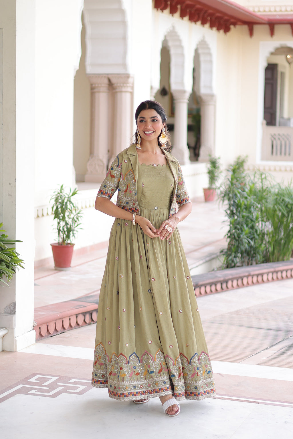 Tivya pista green Vichitra silk gown with zari sequins thread embroidery and koti