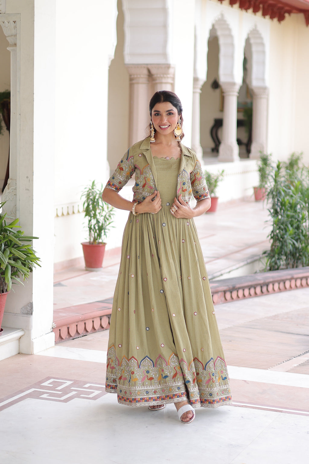 Tivya pista green Vichitra silk gown with zari sequins thread embroidery and koti