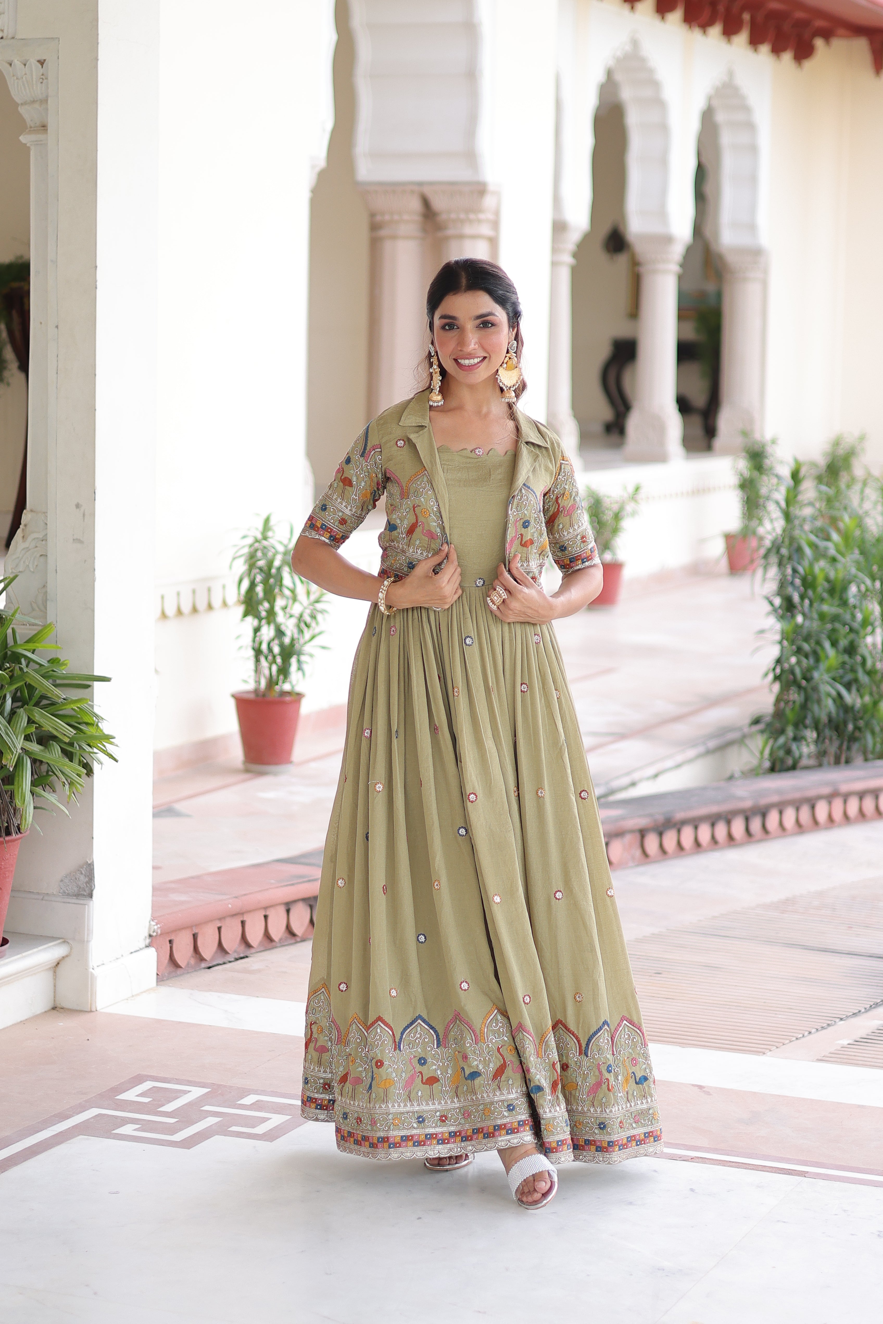 Tivya pista green Vichitra silk gown with zari sequins thread embroidery and koti