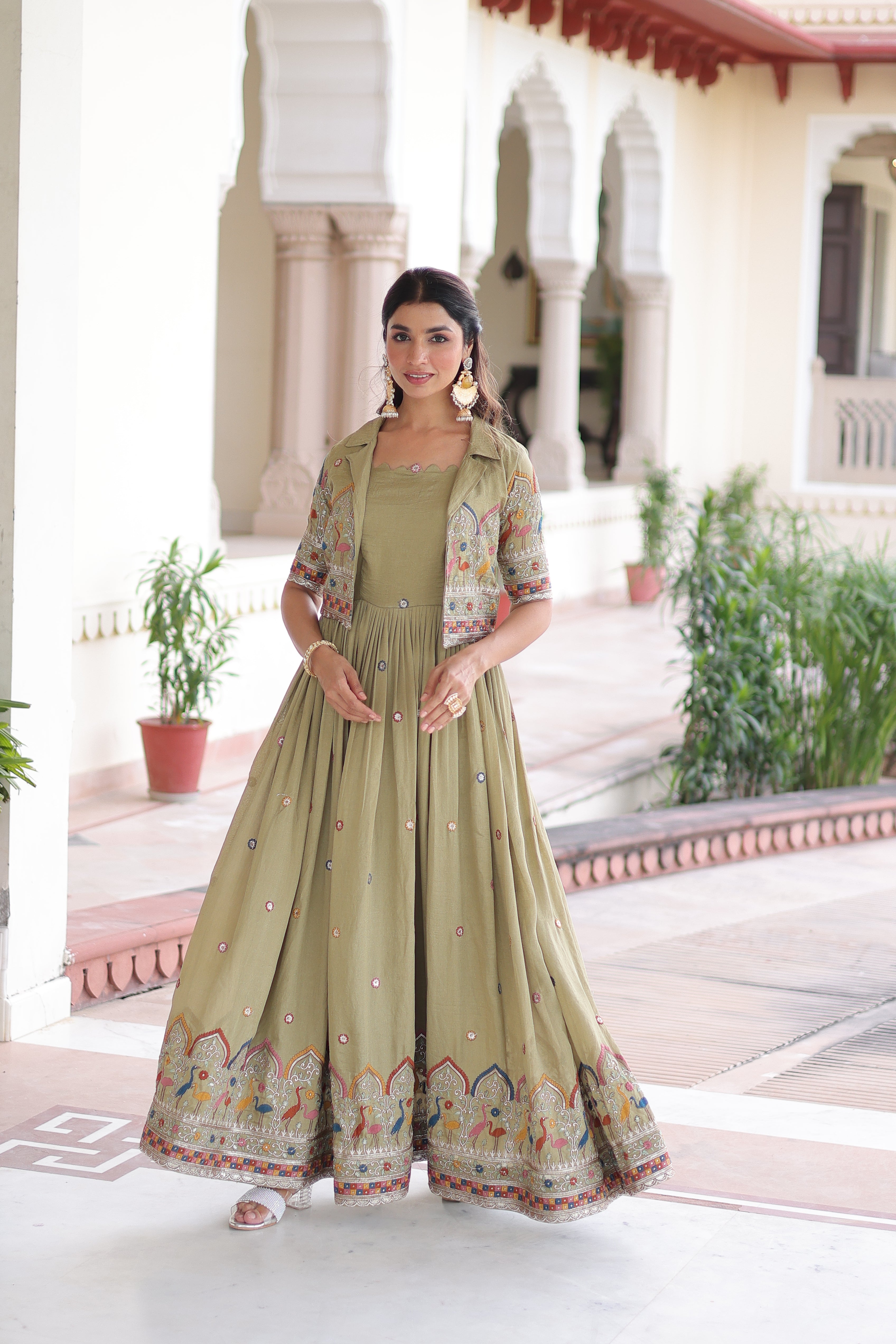 Tivya pista green Vichitra silk gown with zari sequins thread embroidery and koti
