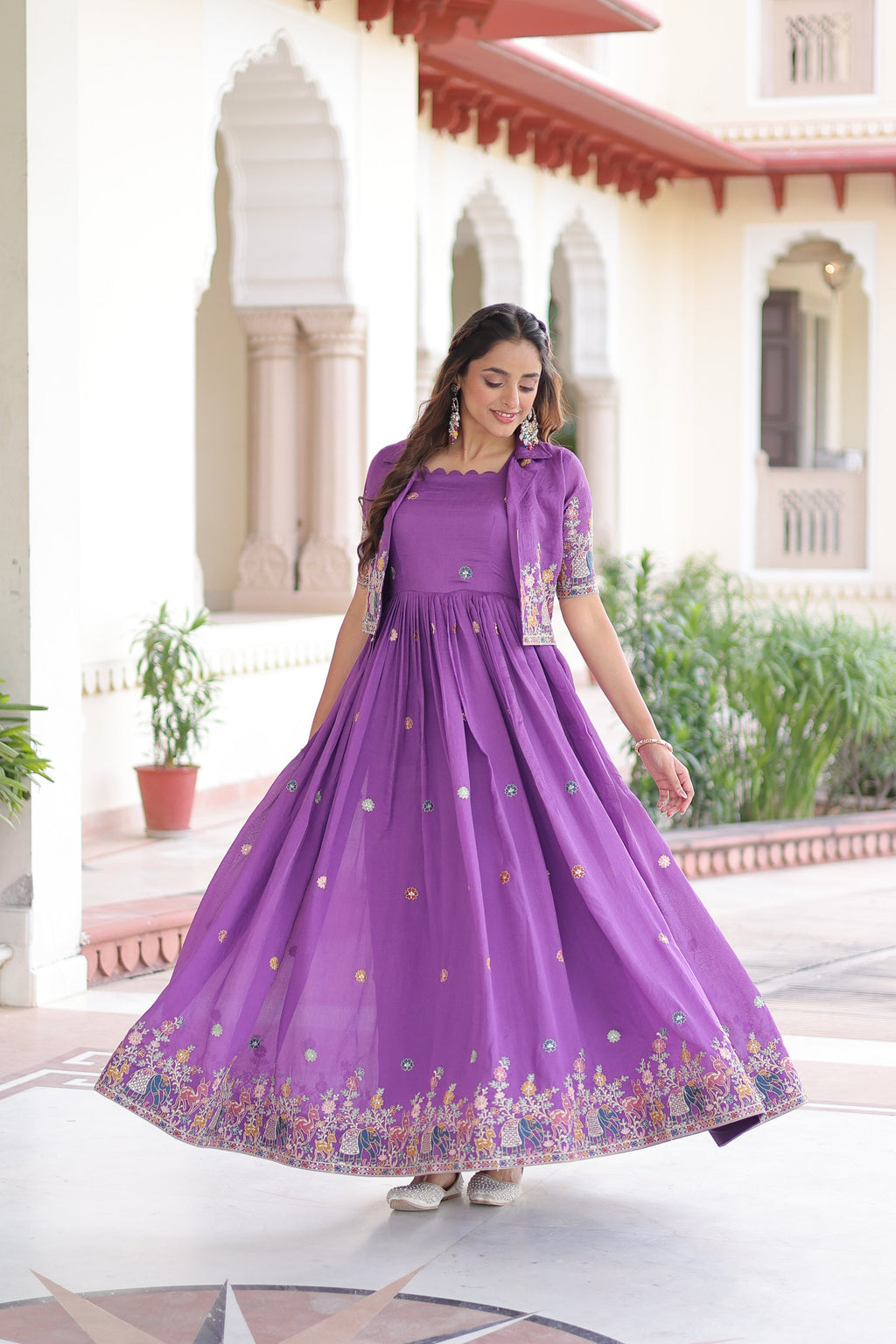 Tivya purple Vichitra silk gown with zari sequins thread embroidery and koti