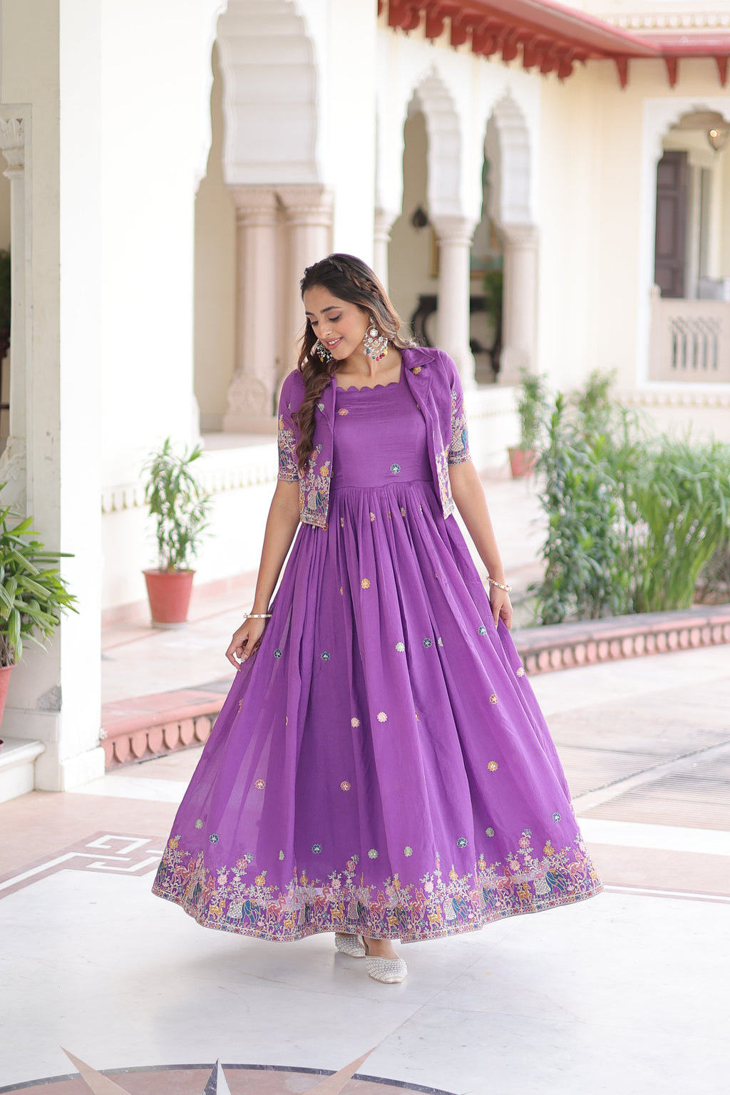 Tivya purple Vichitra silk gown with zari sequins thread embroidery and koti