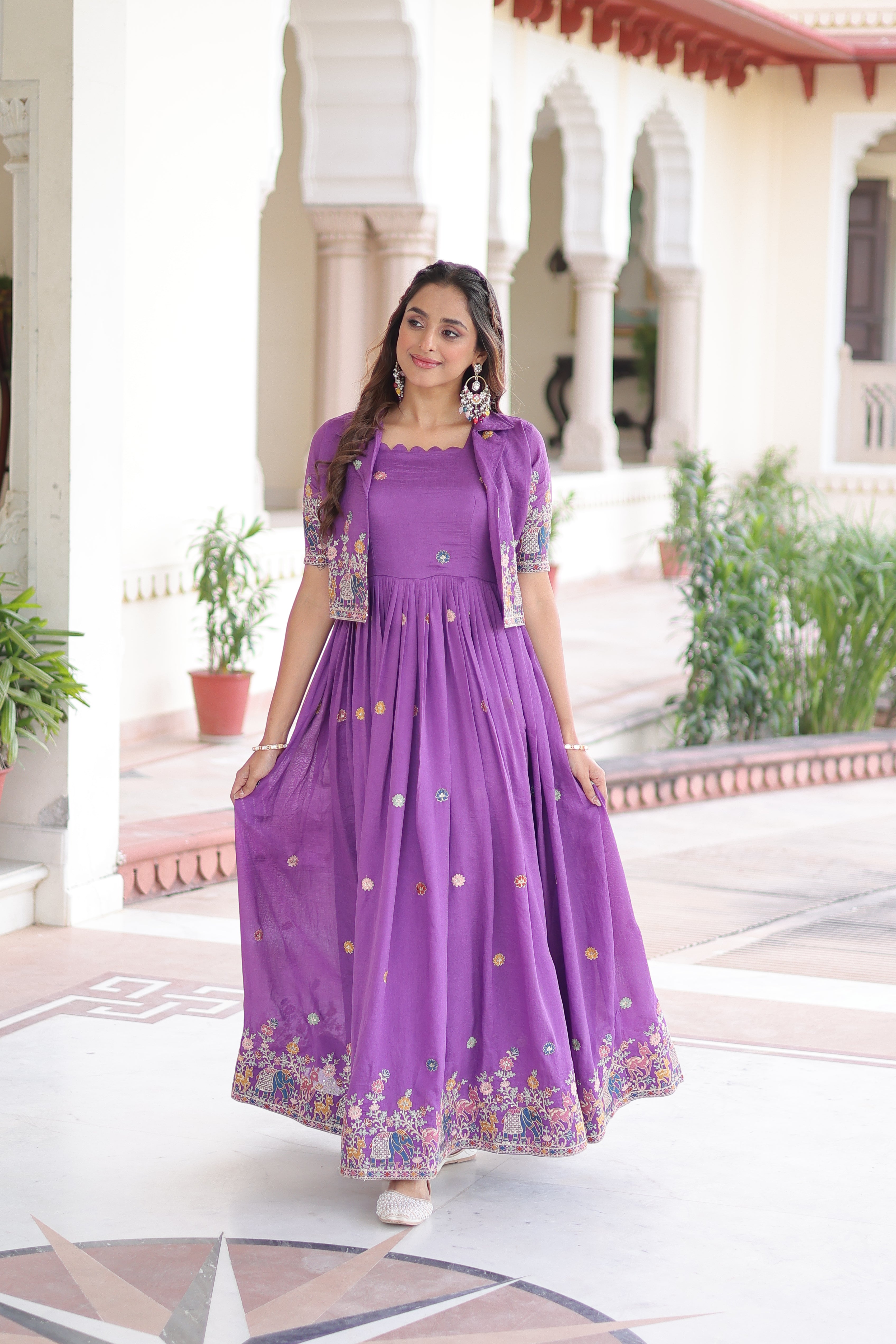 Tivya purple Vichitra silk gown with zari sequins thread embroidery and koti