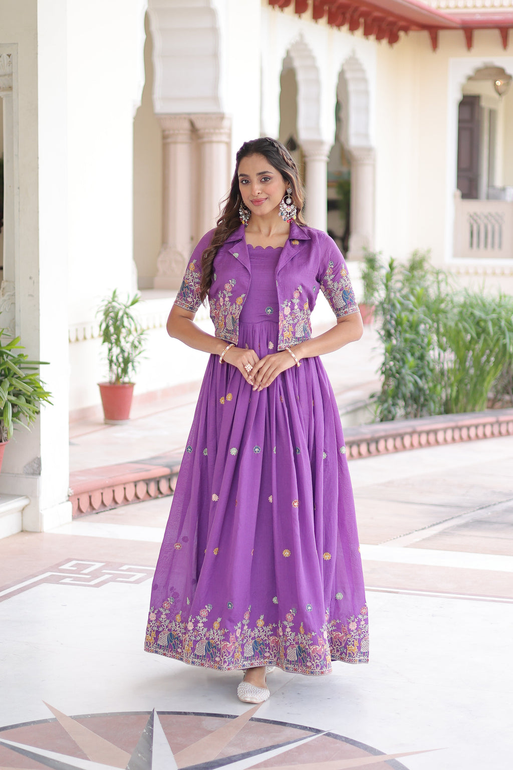 Tivya purple Vichitra silk gown with zari sequins thread embroidery and koti