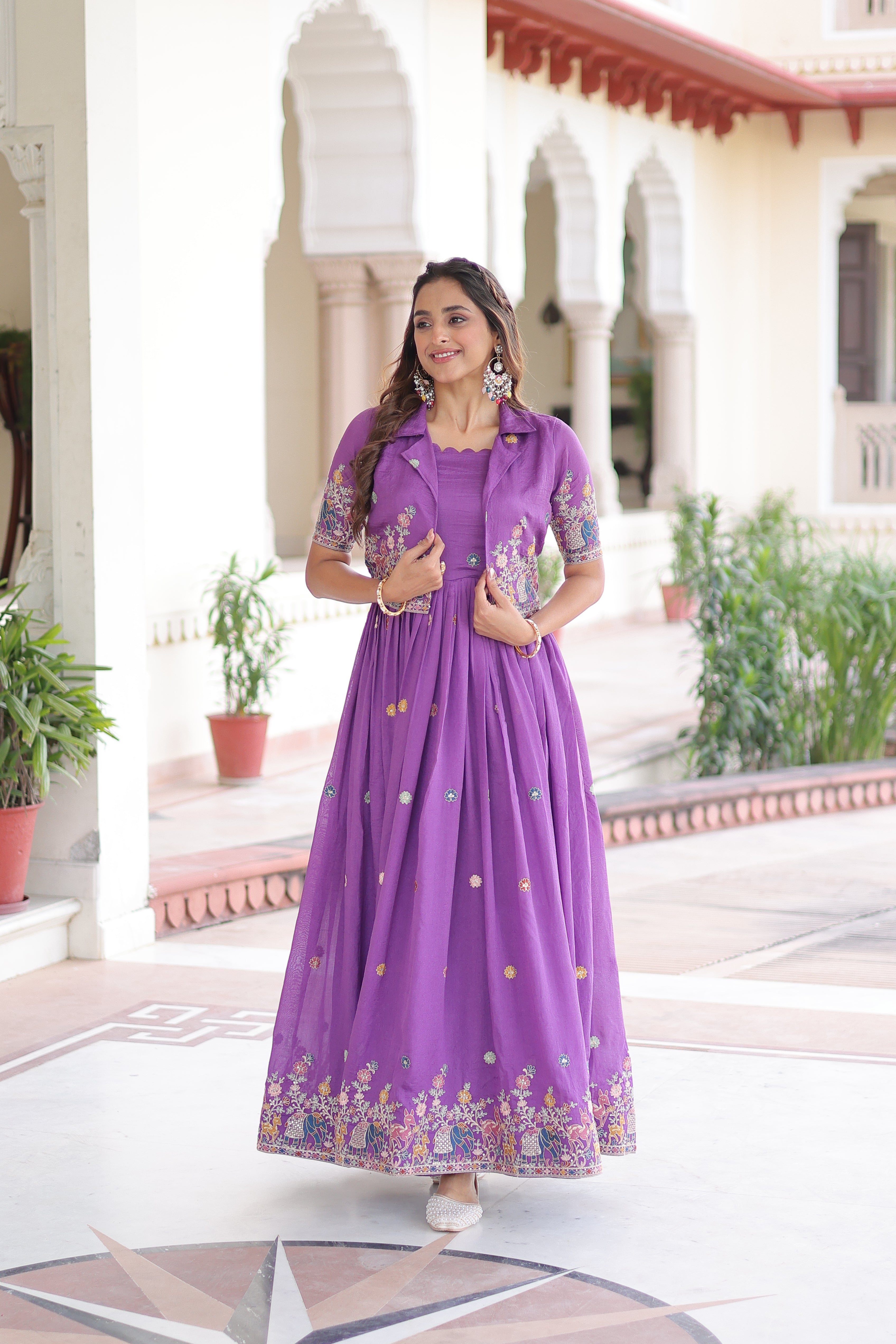 Tivya purple Vichitra silk gown with zari sequins thread embroidery and koti