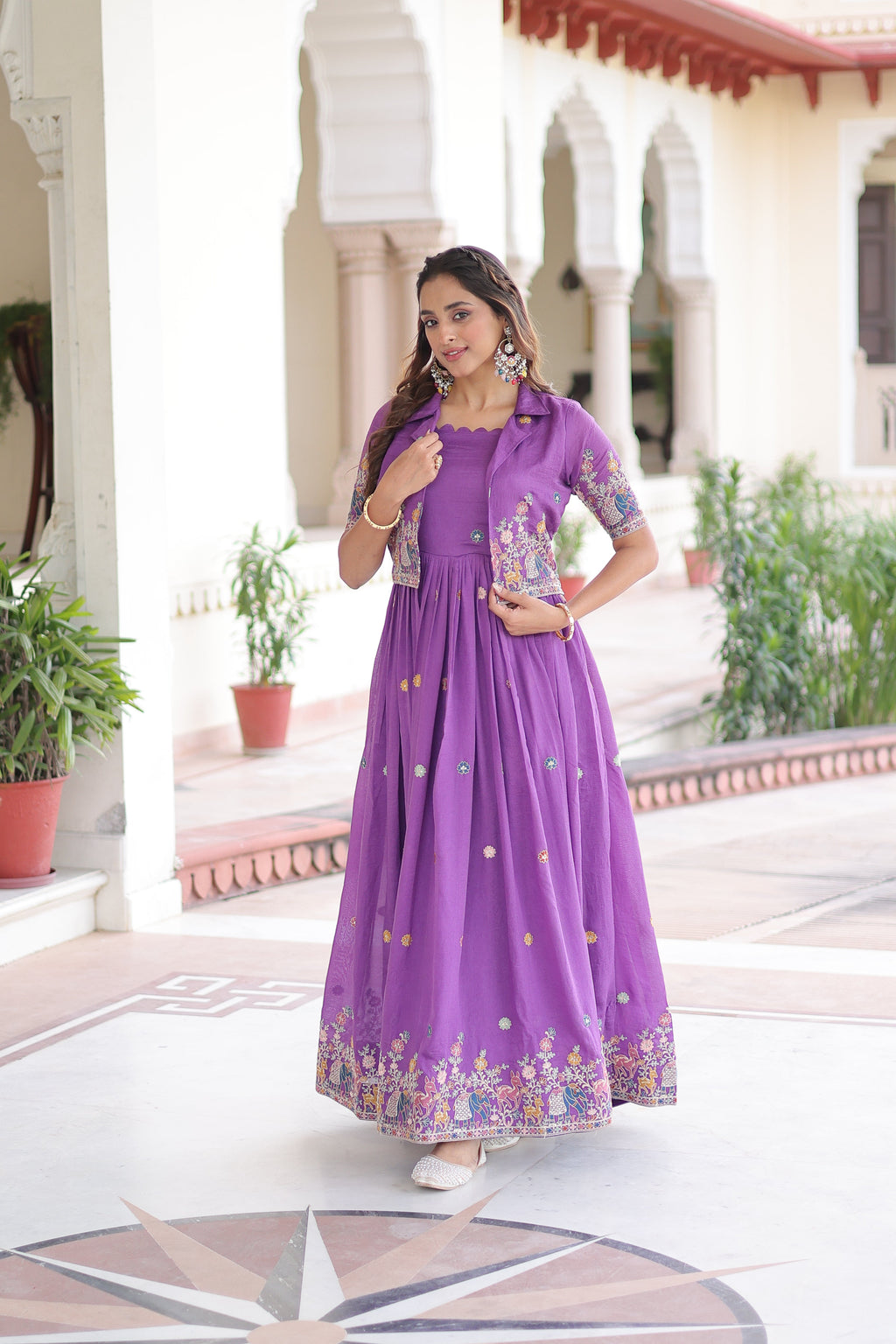 Tivya purple Vichitra silk gown with zari sequins thread embroidery and koti