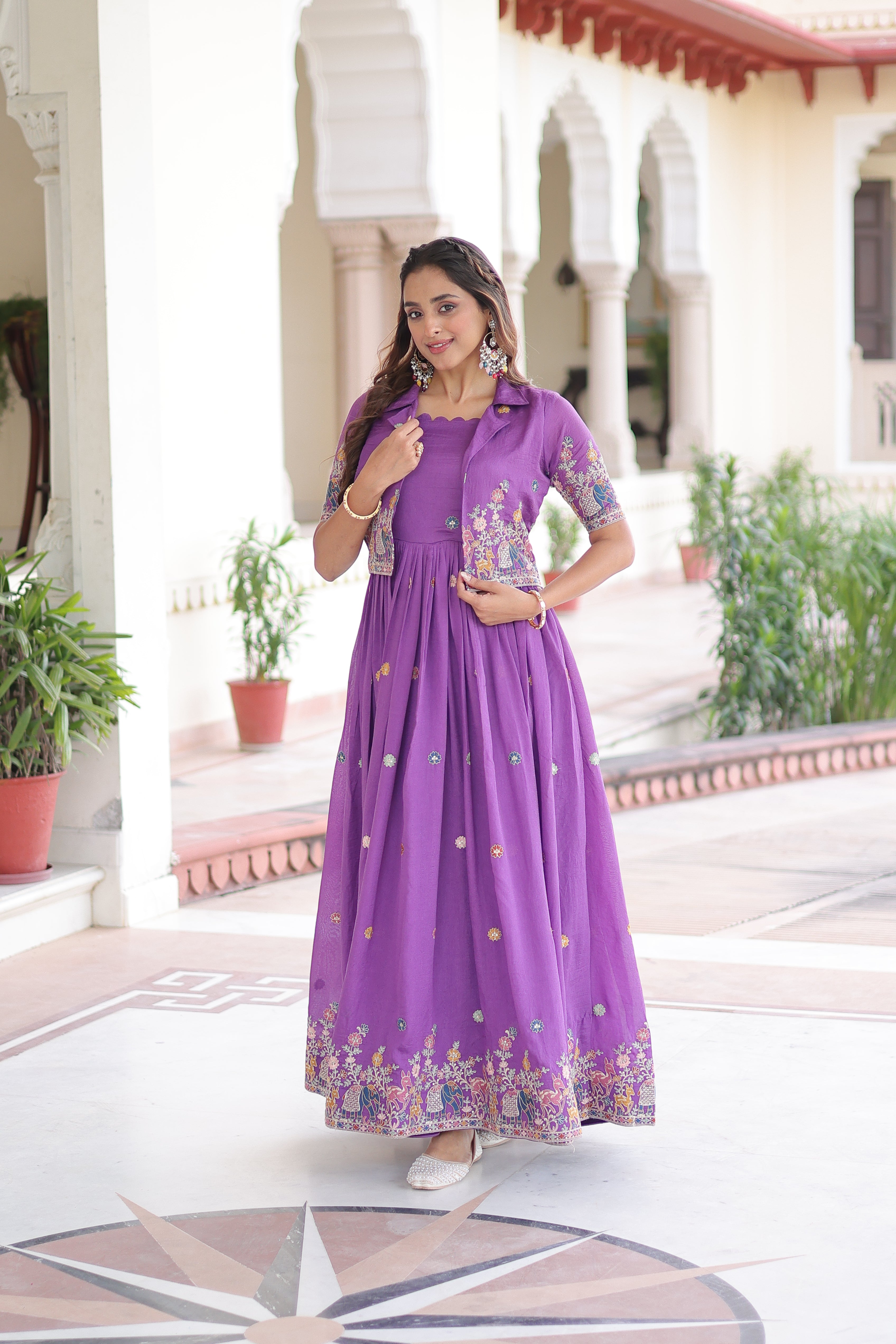 Tivya purple Vichitra silk gown with zari sequins thread embroidery and koti
