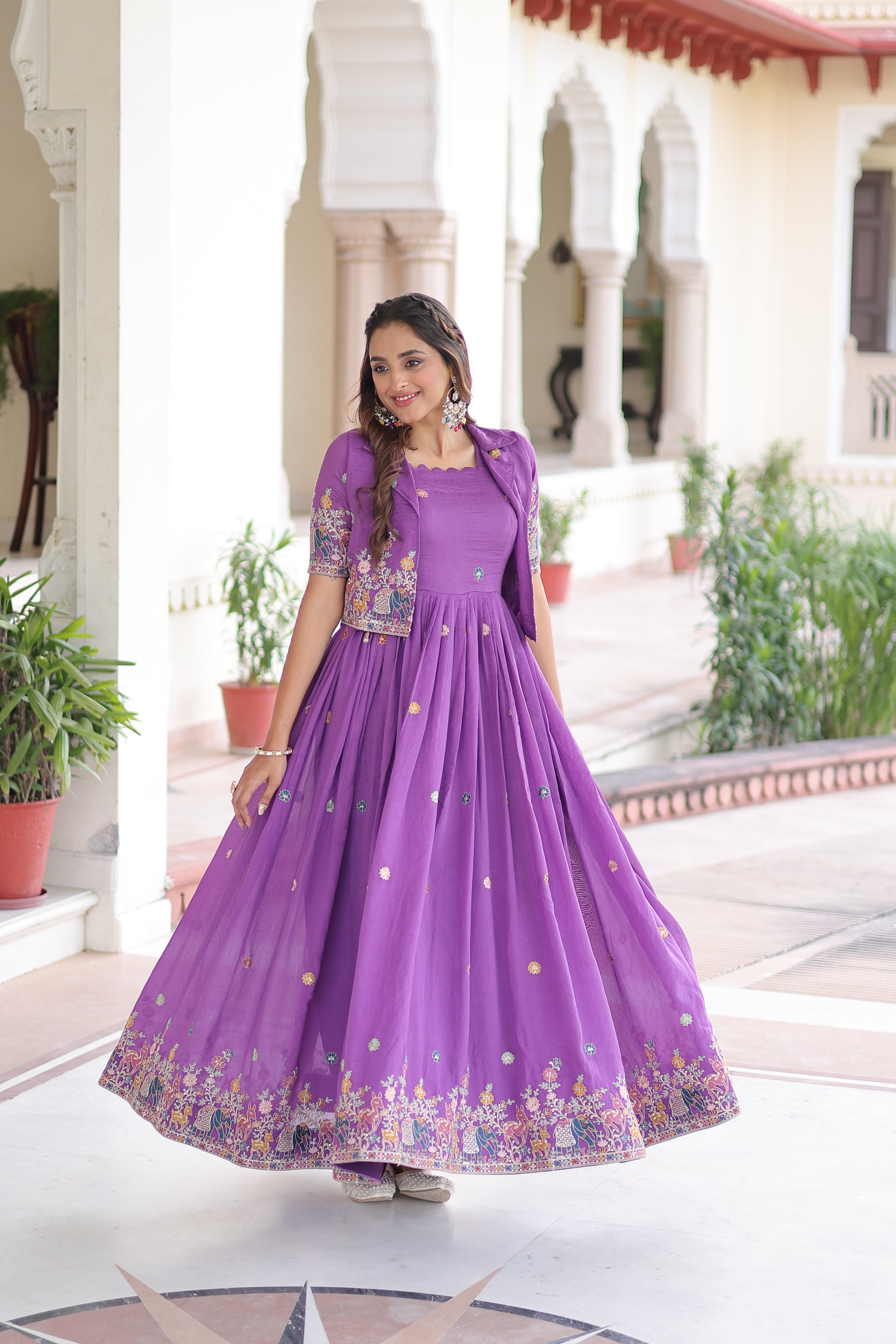 Tivya purple Vichitra silk gown with zari sequins thread embroidery and koti