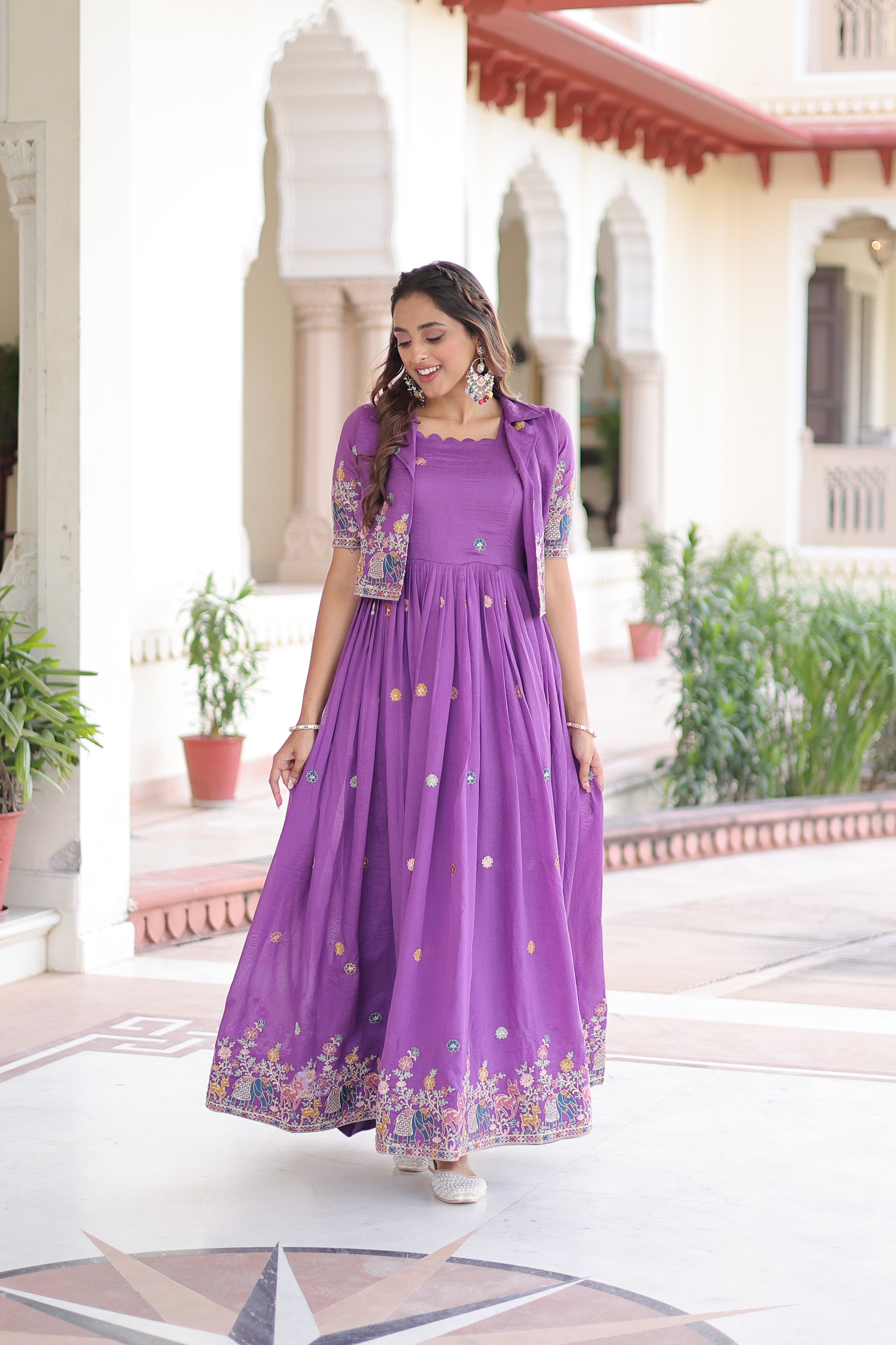 Tivya purple Vichitra silk gown with zari sequins thread embroidery and koti