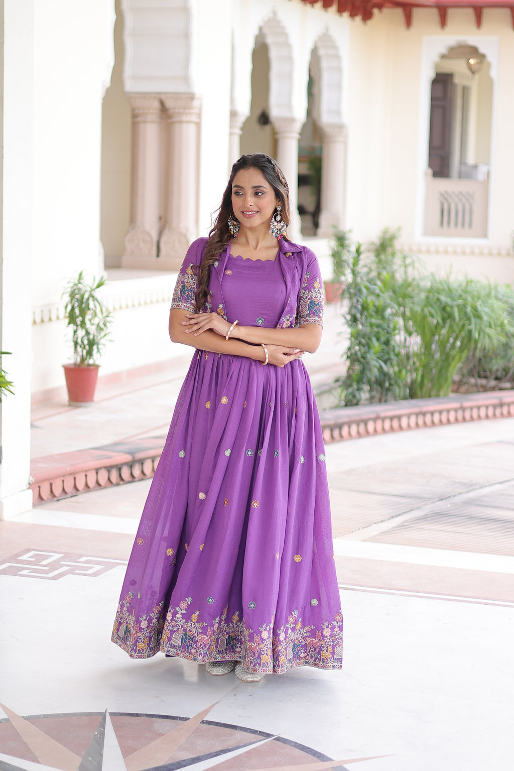 Tivya purple Vichitra silk gown with zari sequins thread embroidery and koti