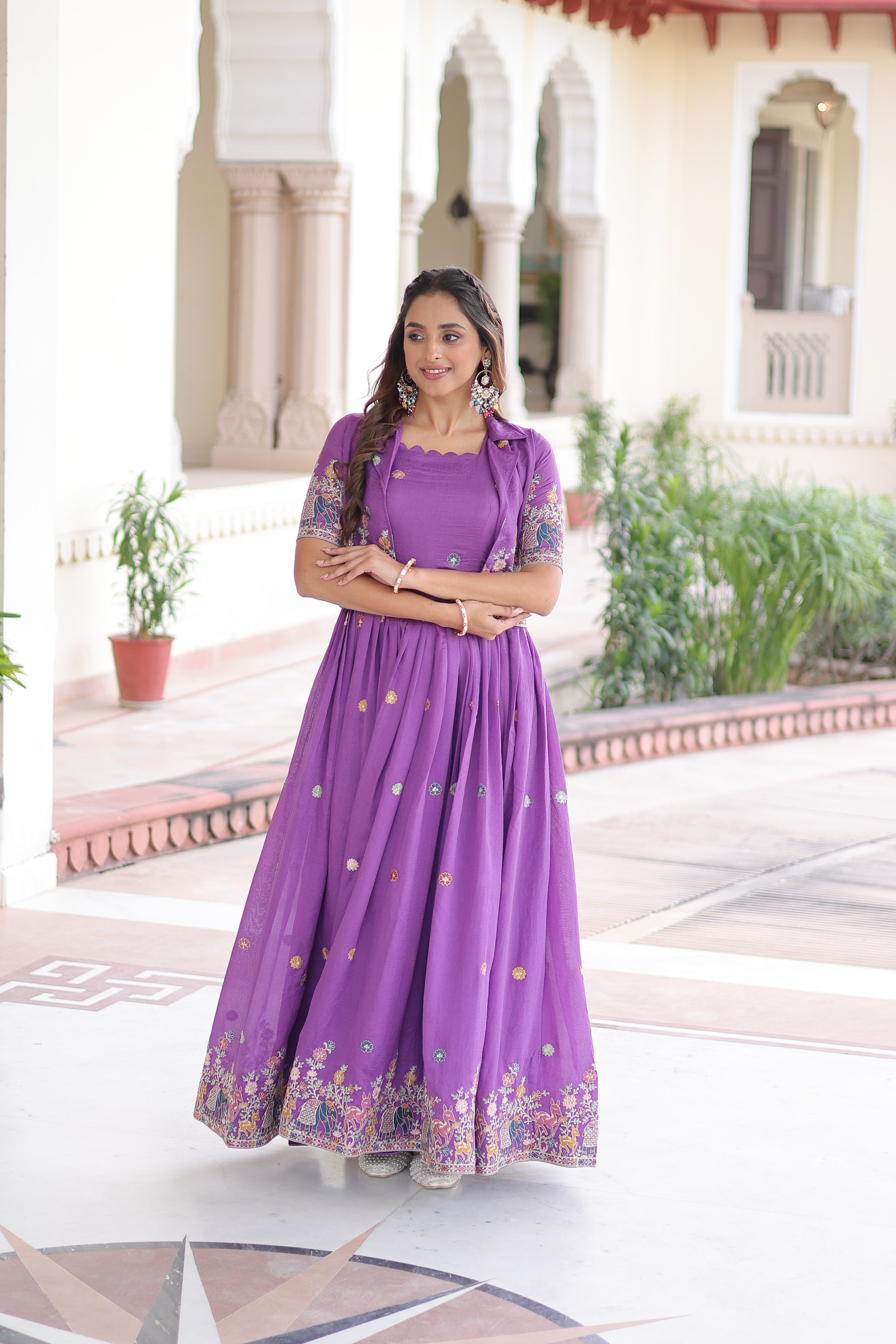 Tivya purple Vichitra silk gown with zari sequins thread embroidery and koti