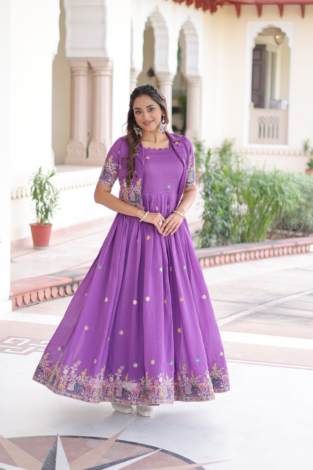 Tivya purple Vichitra silk gown with zari sequins thread embroidery and koti