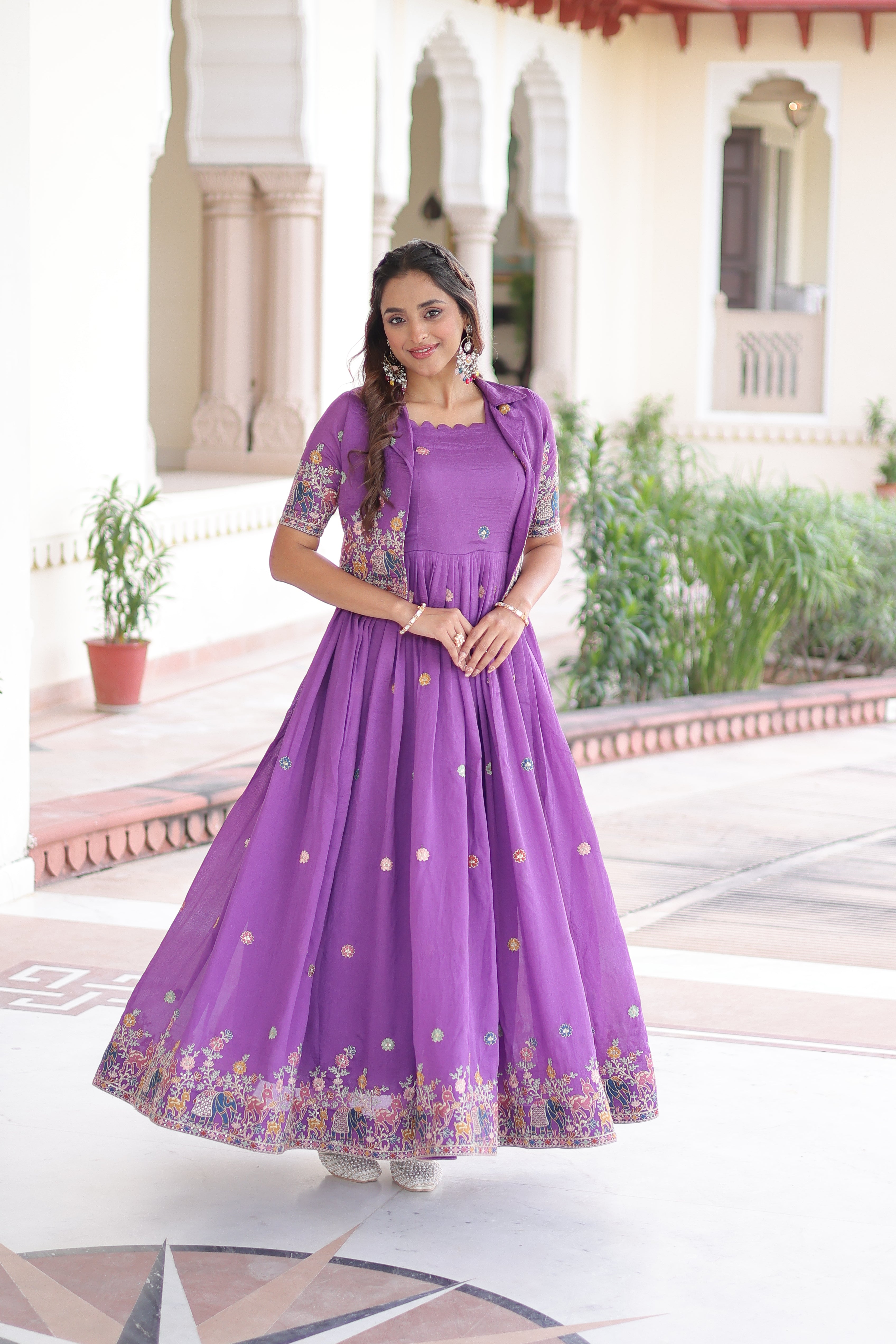 Tivya purple Vichitra silk gown with zari sequins thread embroidery and koti