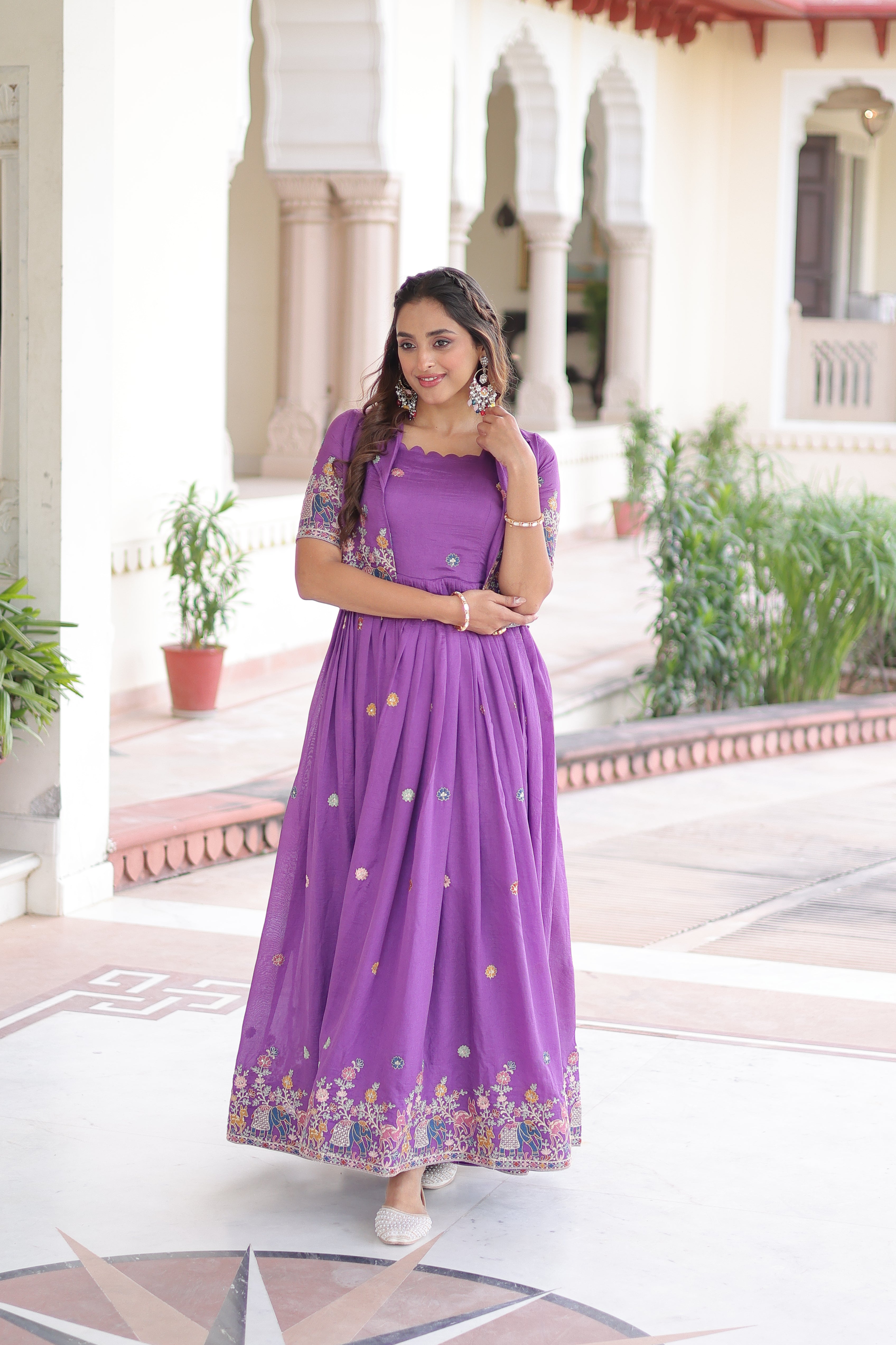 Tivya purple Vichitra silk gown with zari sequins thread embroidery and koti
