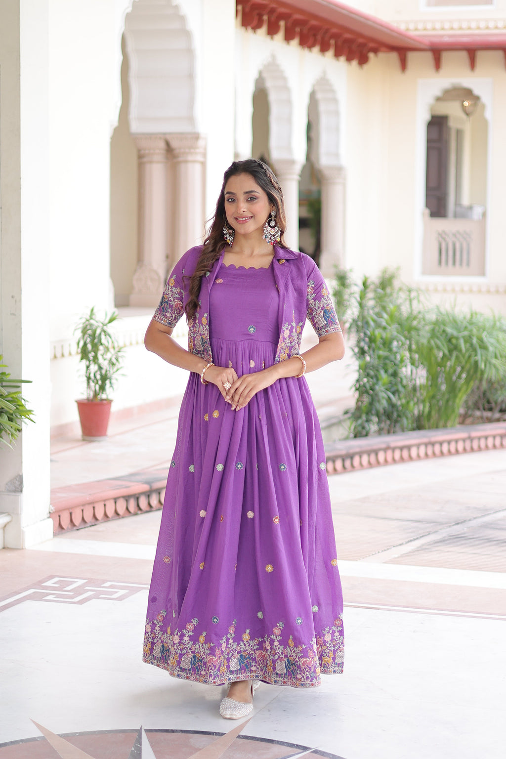 Tivya purple Vichitra silk gown with zari sequins thread embroidery and koti