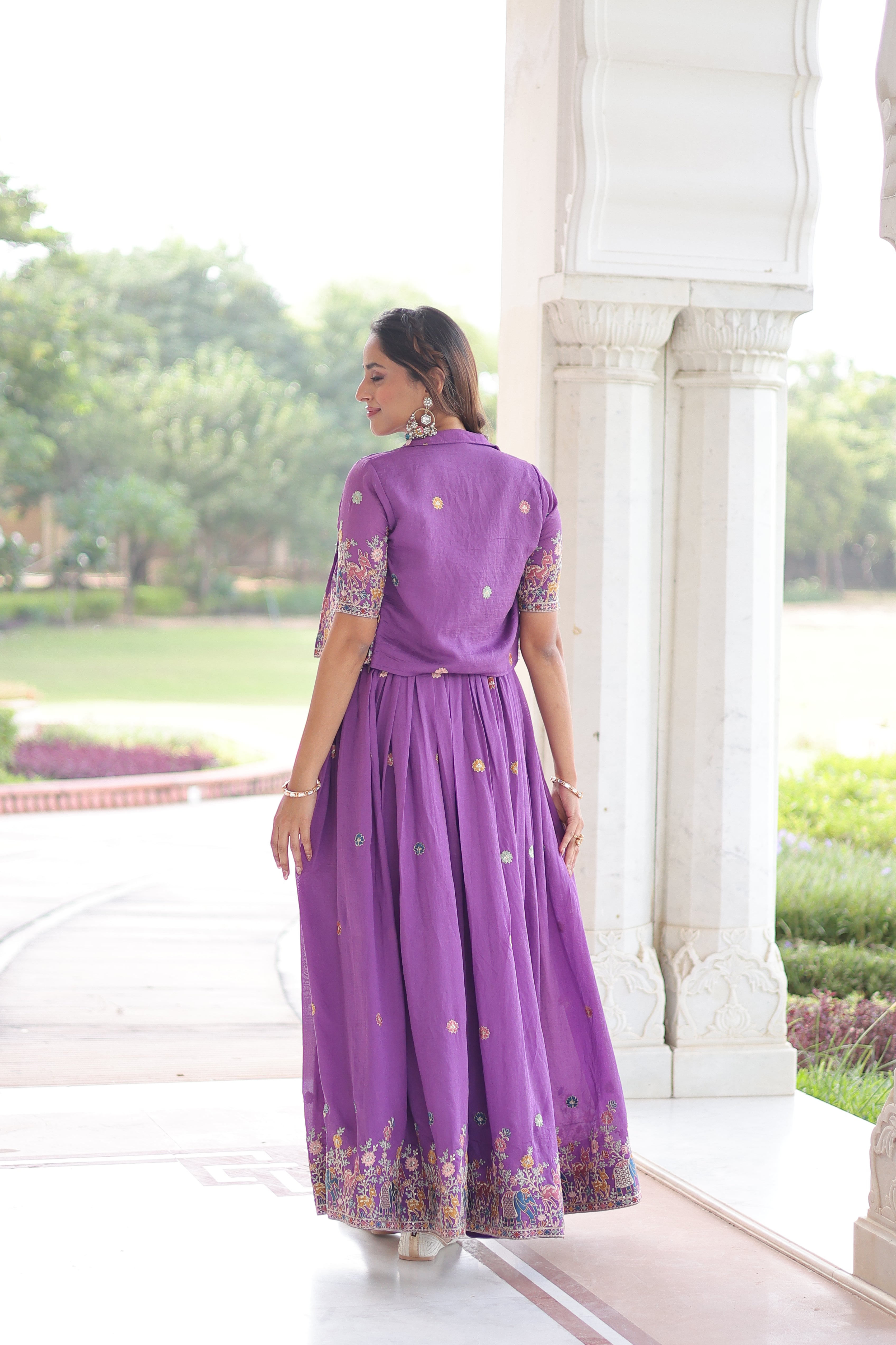 Tivya purple Vichitra silk gown with zari sequins thread embroidery and koti