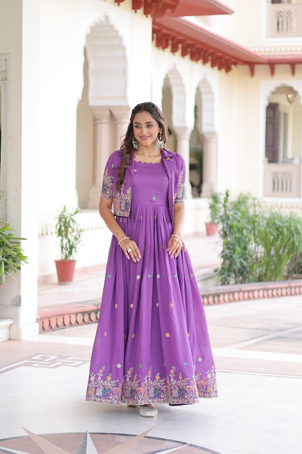 Tivya purple Vichitra silk gown with zari sequins thread embroidery and koti