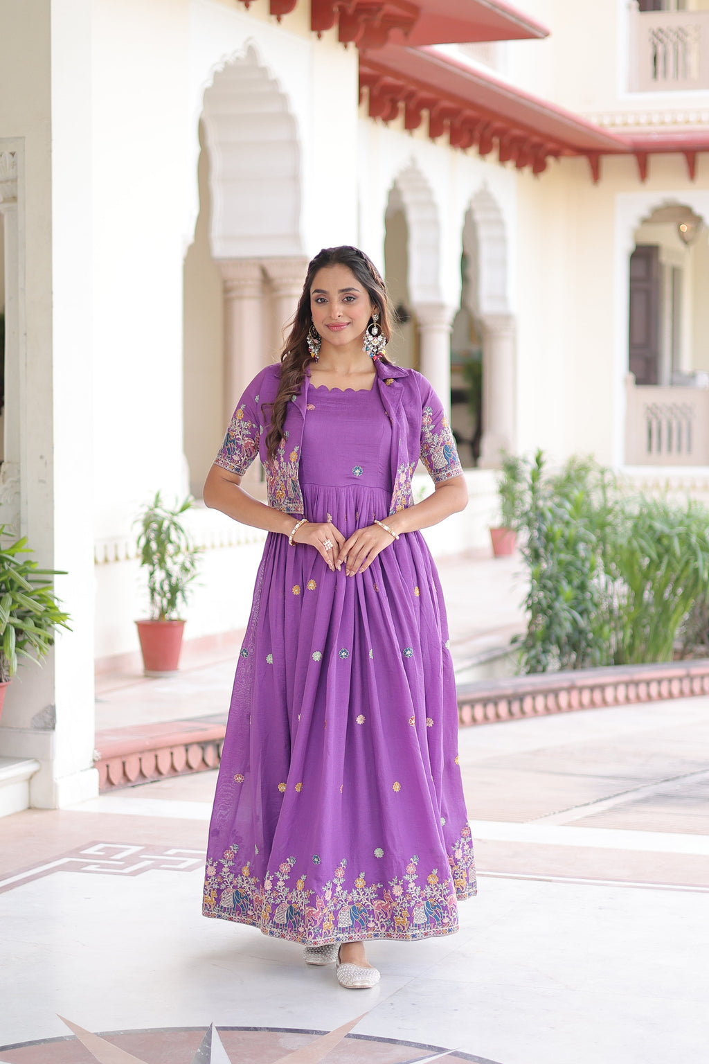 Tivya purple Vichitra silk gown with zari sequins thread embroidery and koti