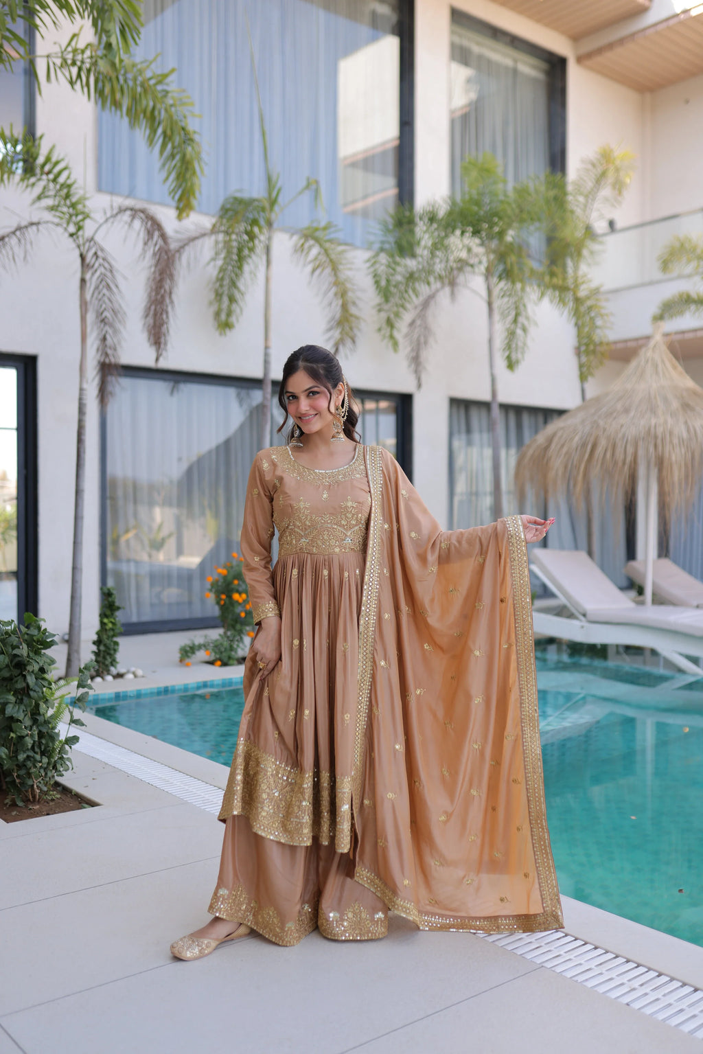 Tiyara golden brown silk kurti sharara set with rich sequins embroidery