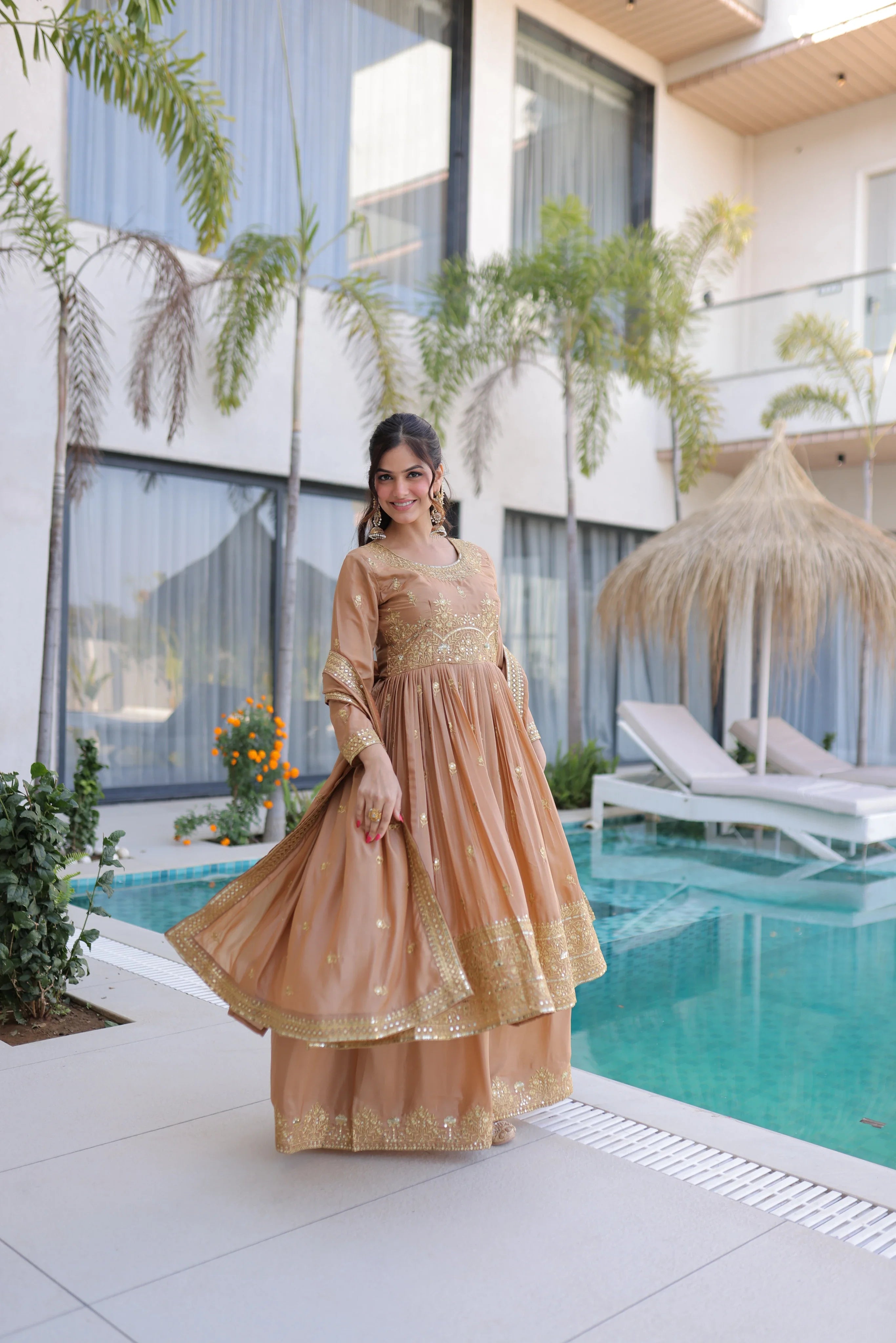 Tiyara golden brown silk kurti sharara set with rich sequins embroidery
