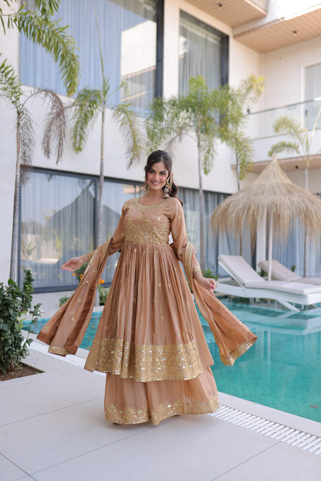 Tiyara golden brown silk kurti sharara set with rich sequins embroidery
