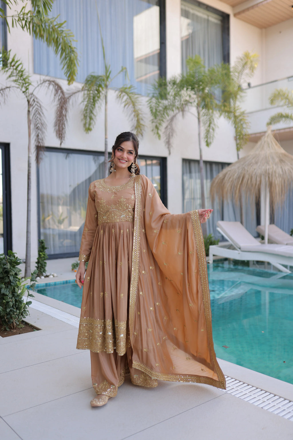 Tiyara golden brown silk kurti sharara set with rich sequins embroidery