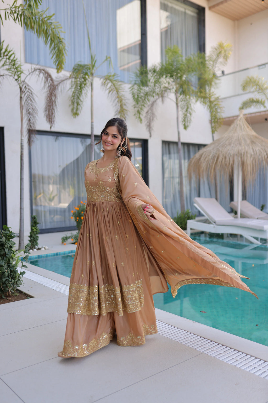 Tiyara golden brown silk kurti sharara set with rich sequins embroidery