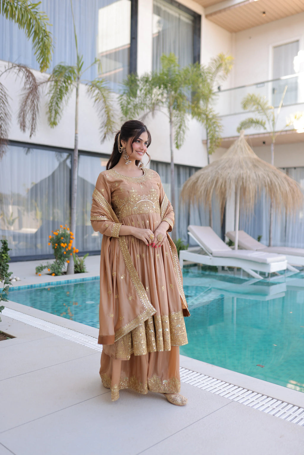 Tiyara golden brown silk kurti sharara set with rich sequins embroidery