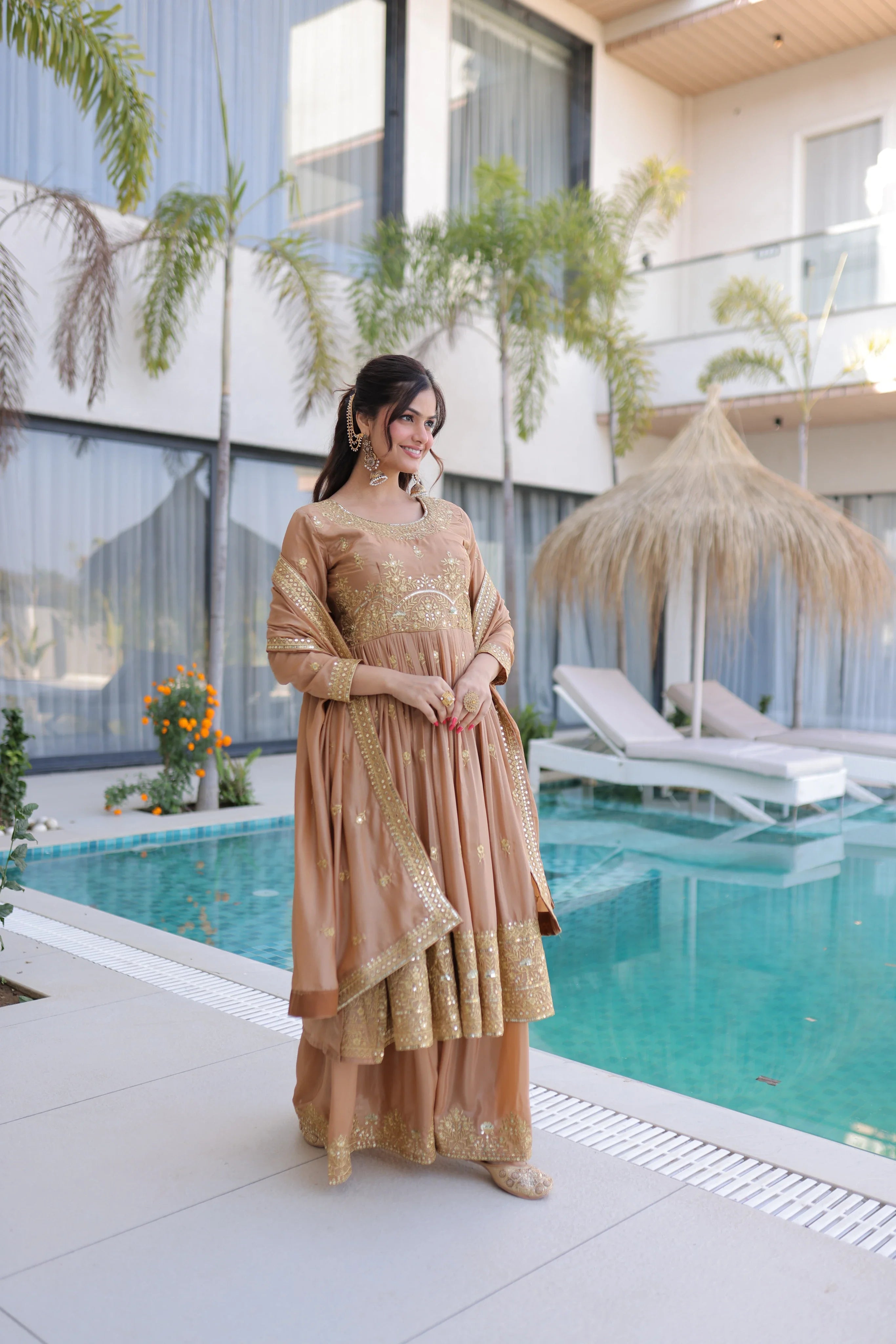 Tiyara golden brown silk kurti sharara set with rich sequins embroidery