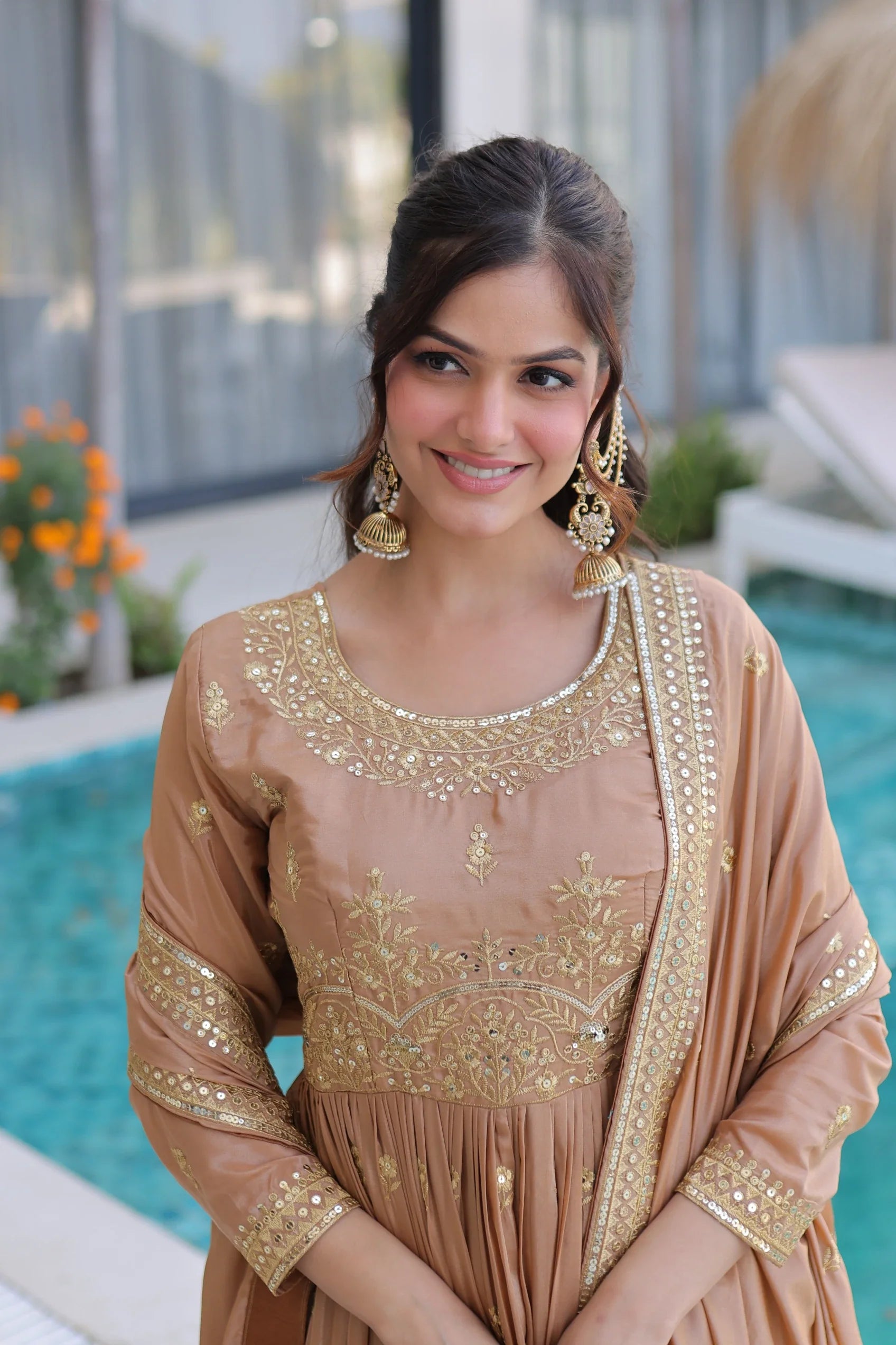 Tiyara golden brown silk kurti sharara set with rich sequins embroidery