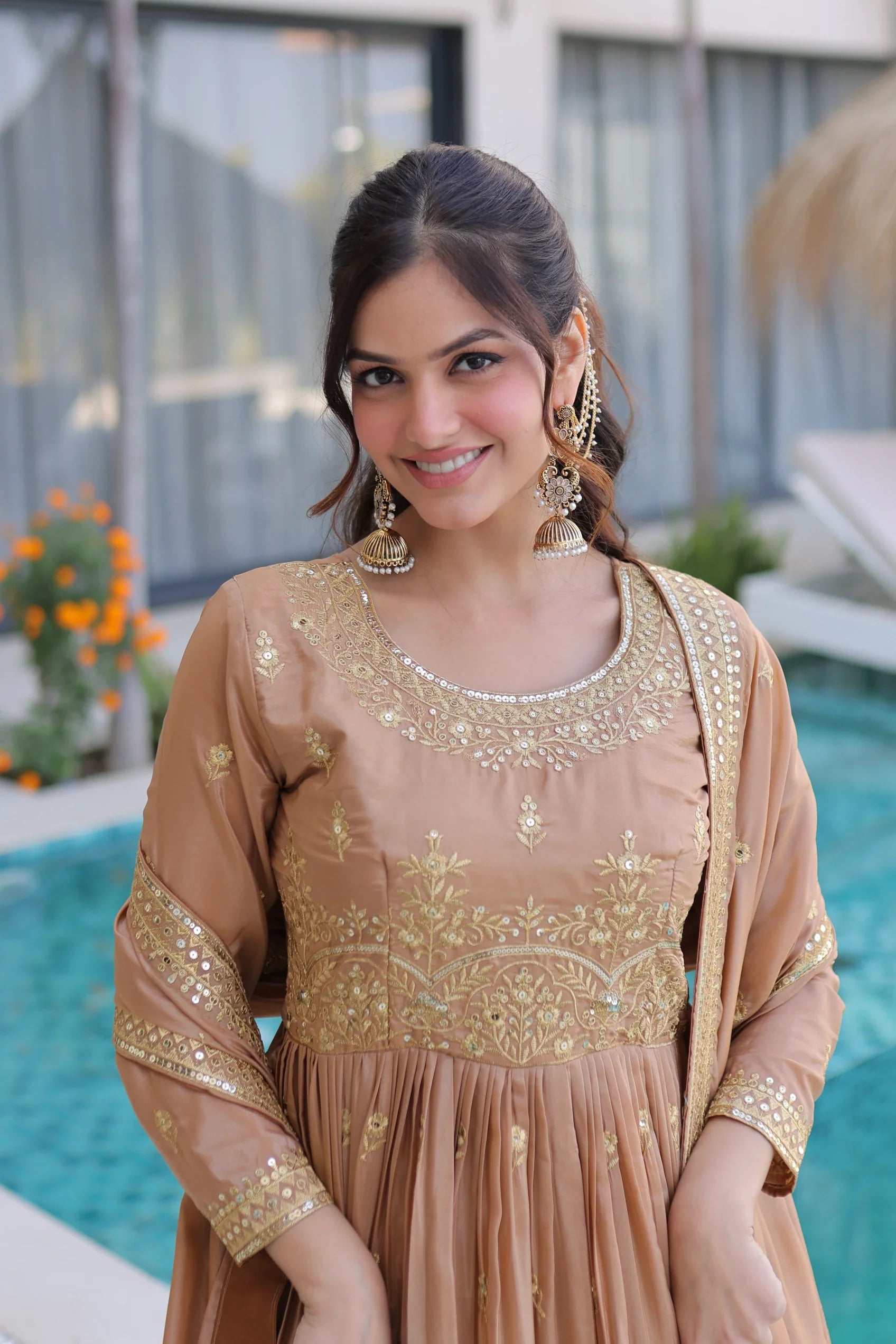 Tiyara golden brown silk kurti sharara set with rich sequins embroidery