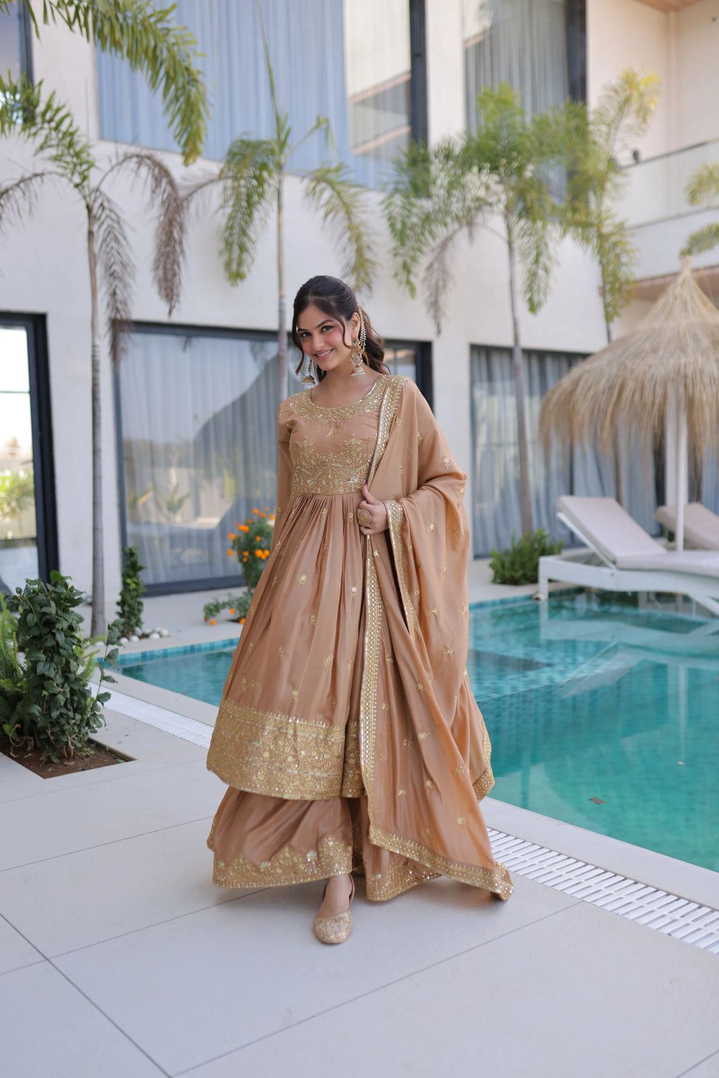 Tiyara golden brown silk kurti sharara set with rich sequins embroidery