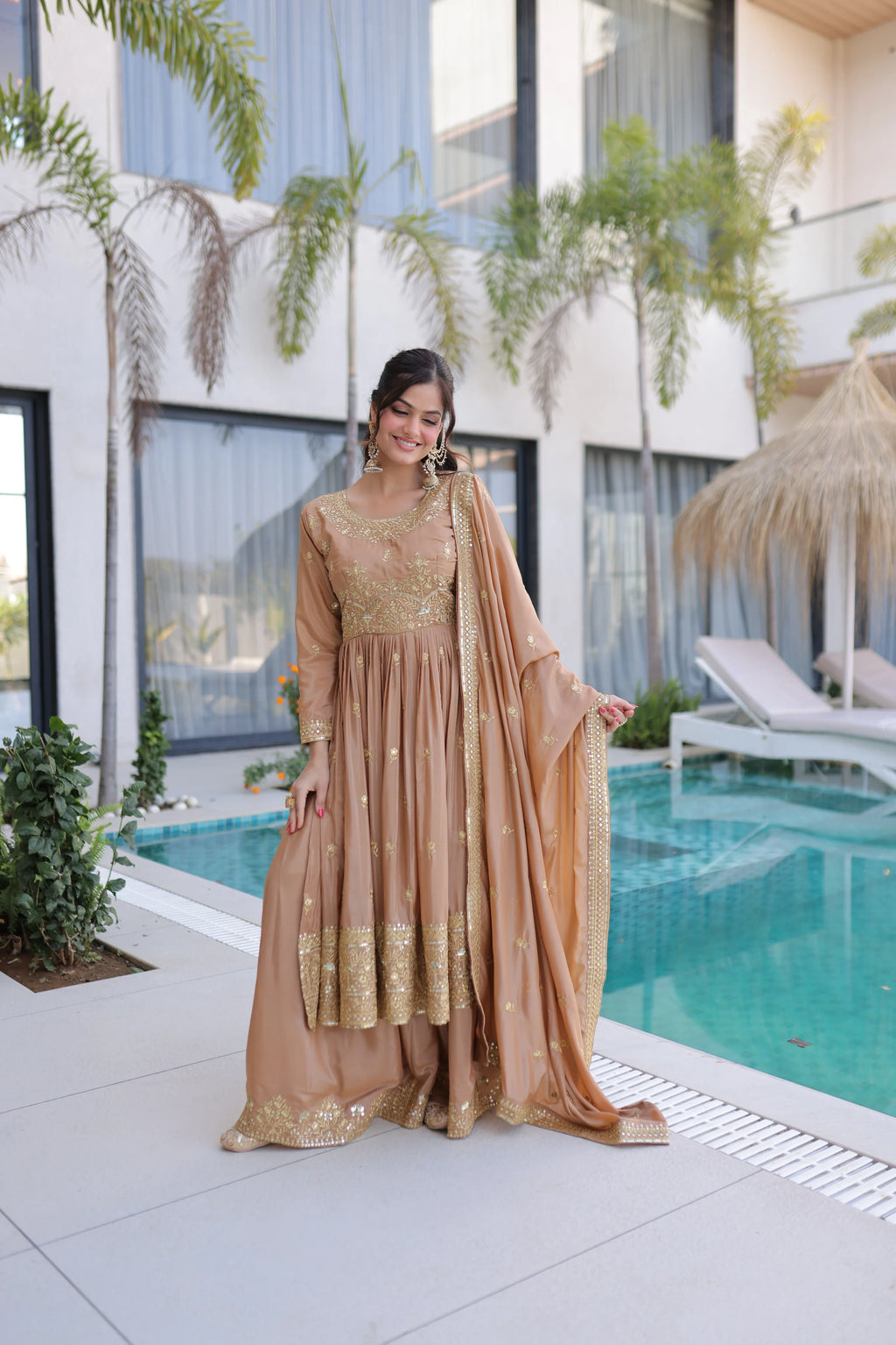 Tiyara golden brown silk kurti sharara set with rich sequins embroidery