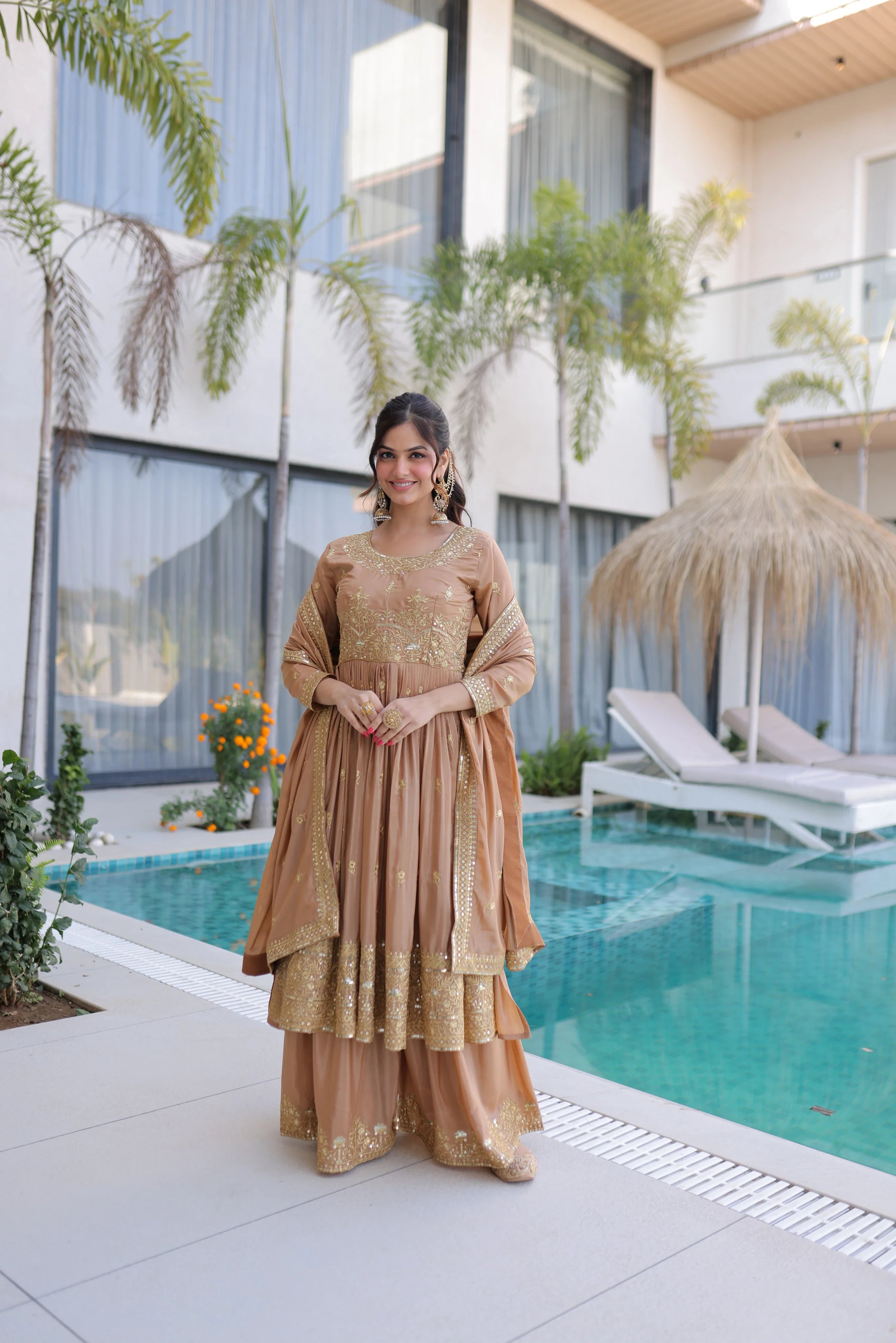 Tiyara golden brown silk kurti sharara set with rich sequins embroidery