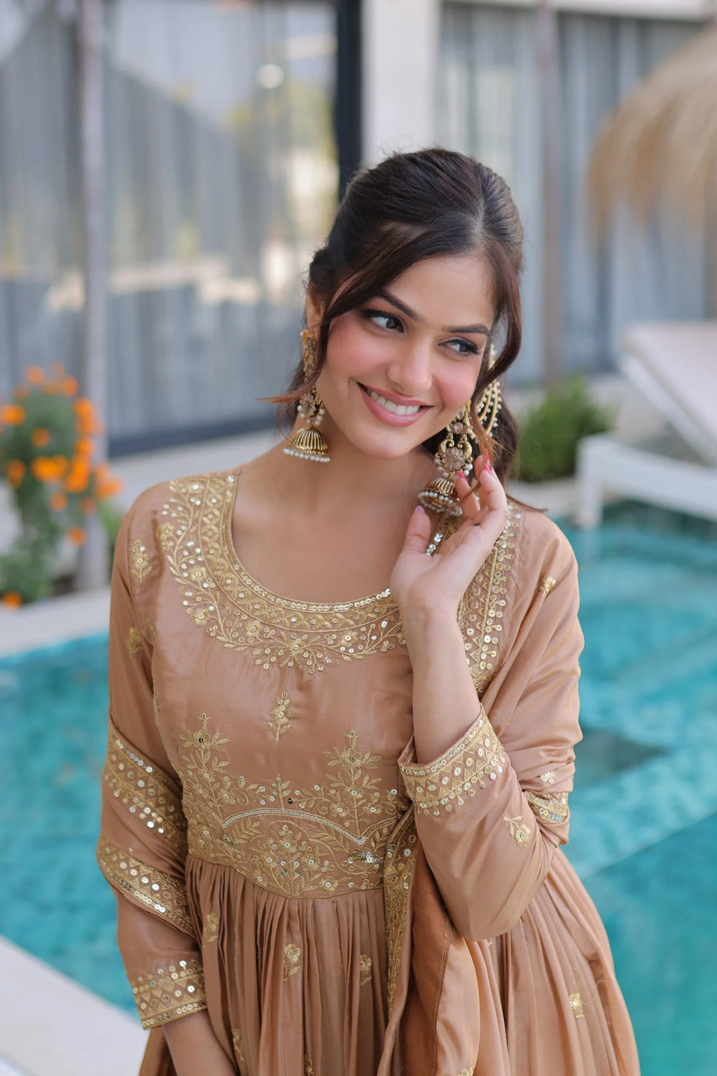 Tiyara golden brown silk kurti sharara set with rich sequins embroidery