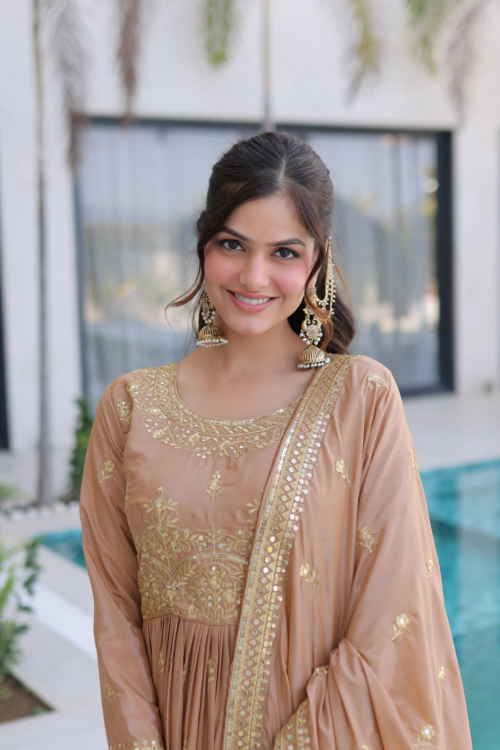 Tiyara golden brown silk kurti sharara set with rich sequins embroidery